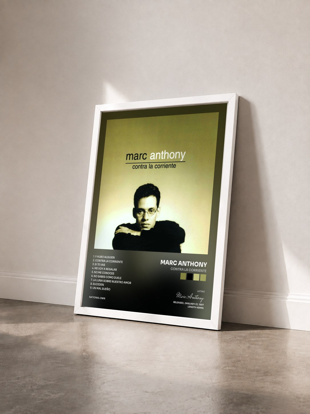 #blanc Tableau de l'album Contra La Corriente de Marc Anthony vu de trois quarts, cadre blanc