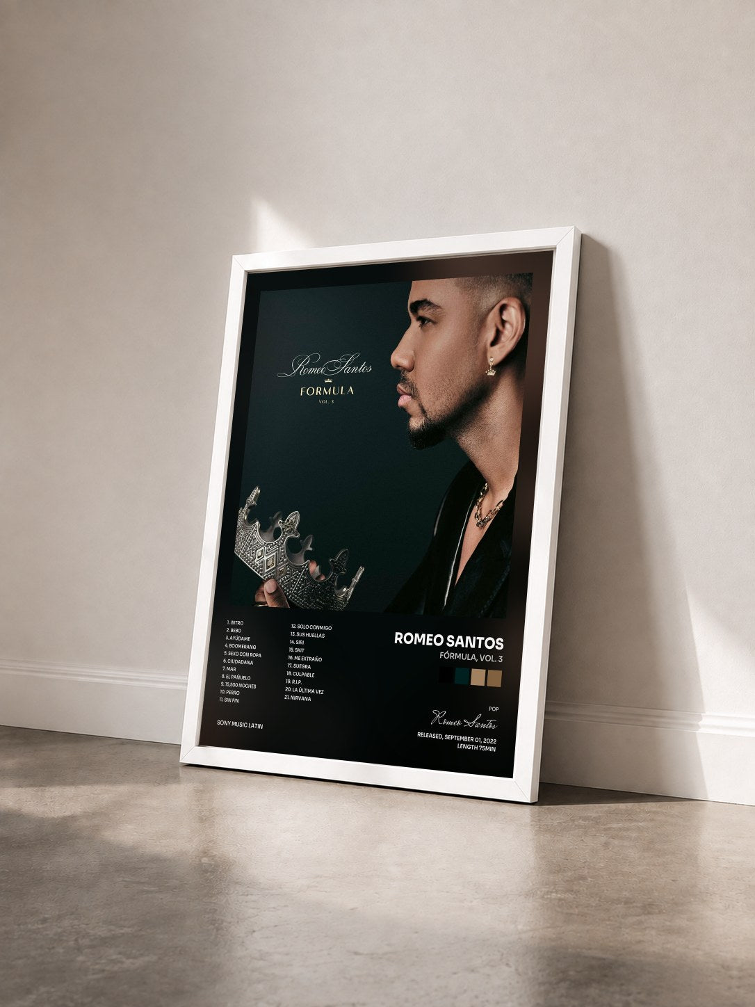 #blanc Tableau de l'album Fórmula, Vol. 3 de Romeo Santos vu de trois quarts, cadre blanc