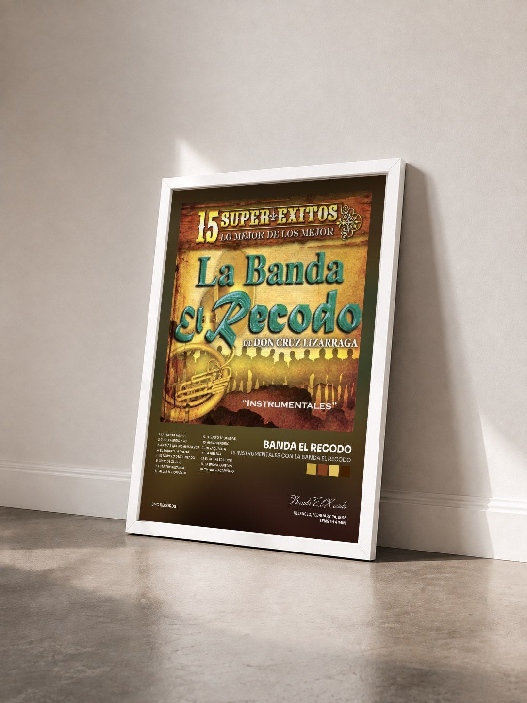 #blanc Tableau de l'album 15 Instrumentales Con la Banda el Recodo de Banda El Recodo vu de trois quarts, cadre blanc