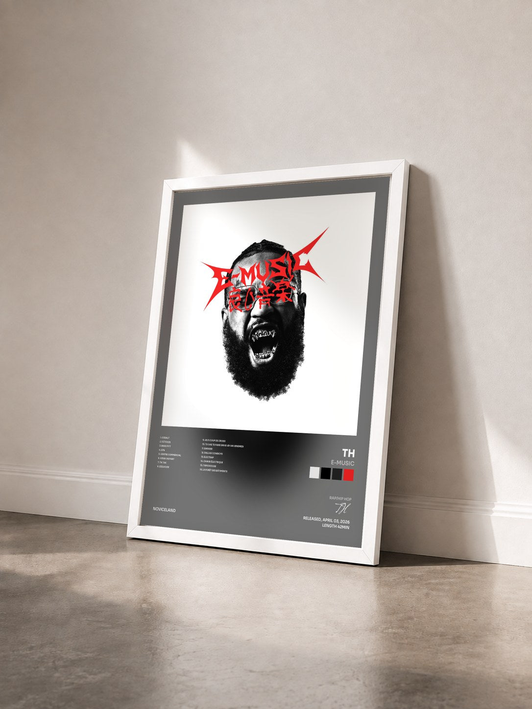 #blanc Tableau de l'album E-MUSIC de TH vu de trois quarts, cadre blanc