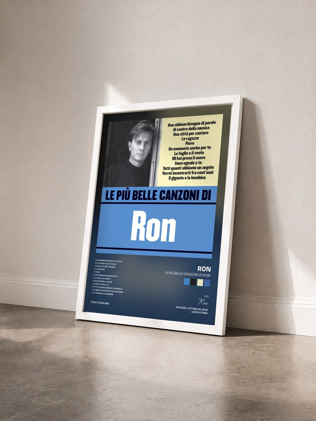 #blanc Tableau de l'album Le più belle canzoni di Ron de Ron vu de trois quarts, cadre blanc