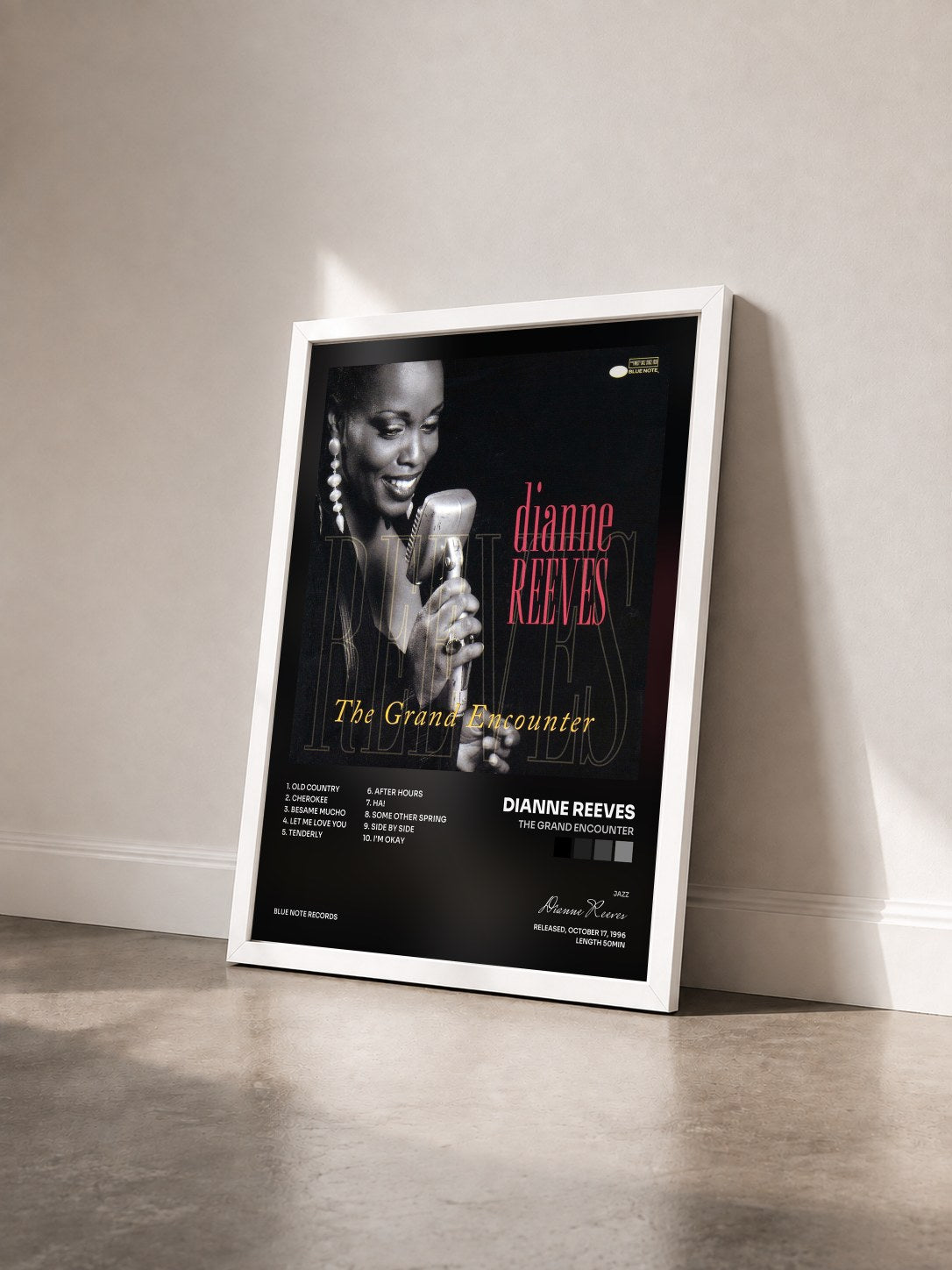 #blanc Tableau de l'album The Grand Encounter de Dianne Reeves vu de trois quarts, cadre blanc