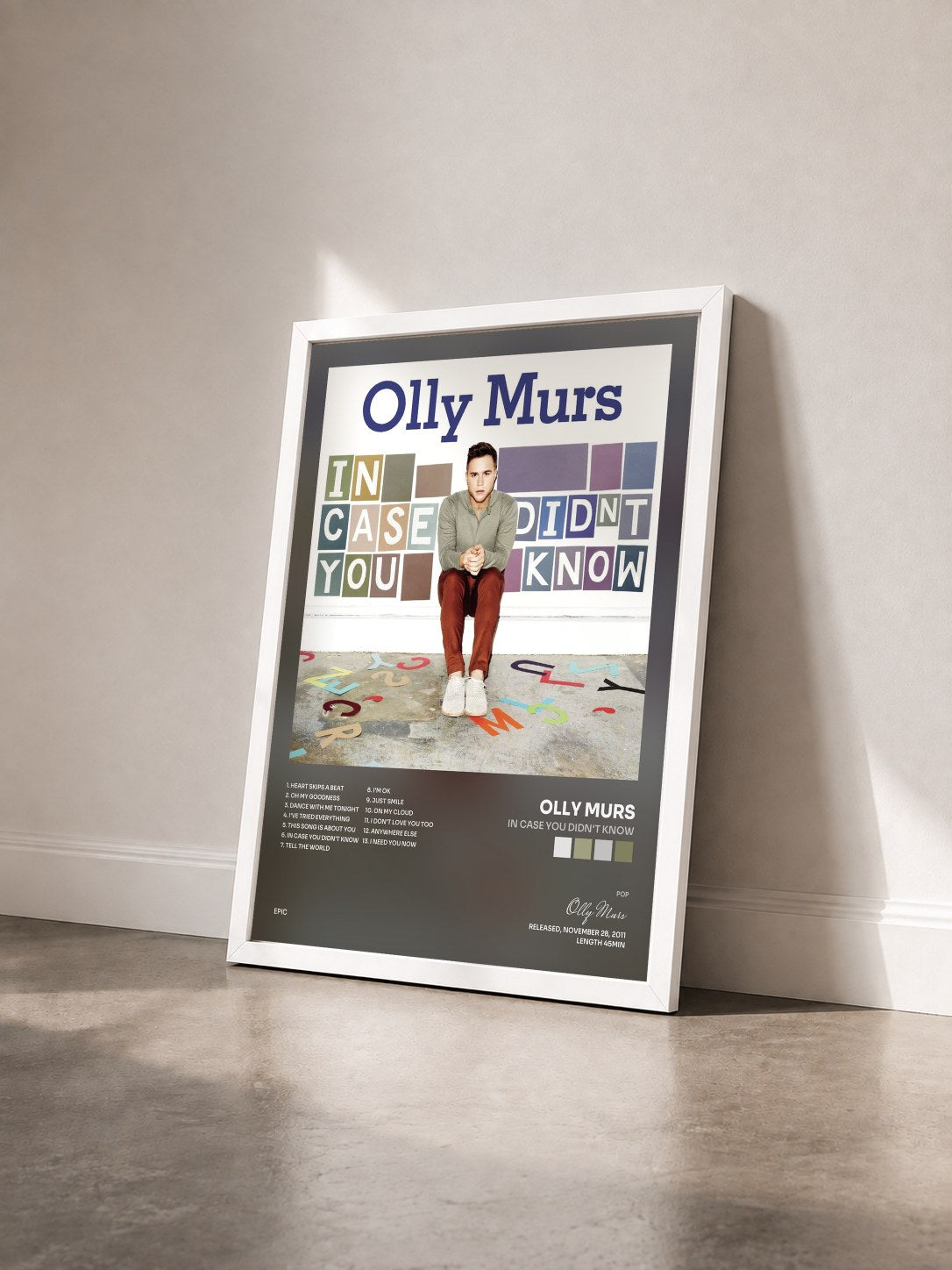 #blanc Tableau de l'album In Case You Didn't Know de Olly Murs vu de trois quarts, cadre blanc