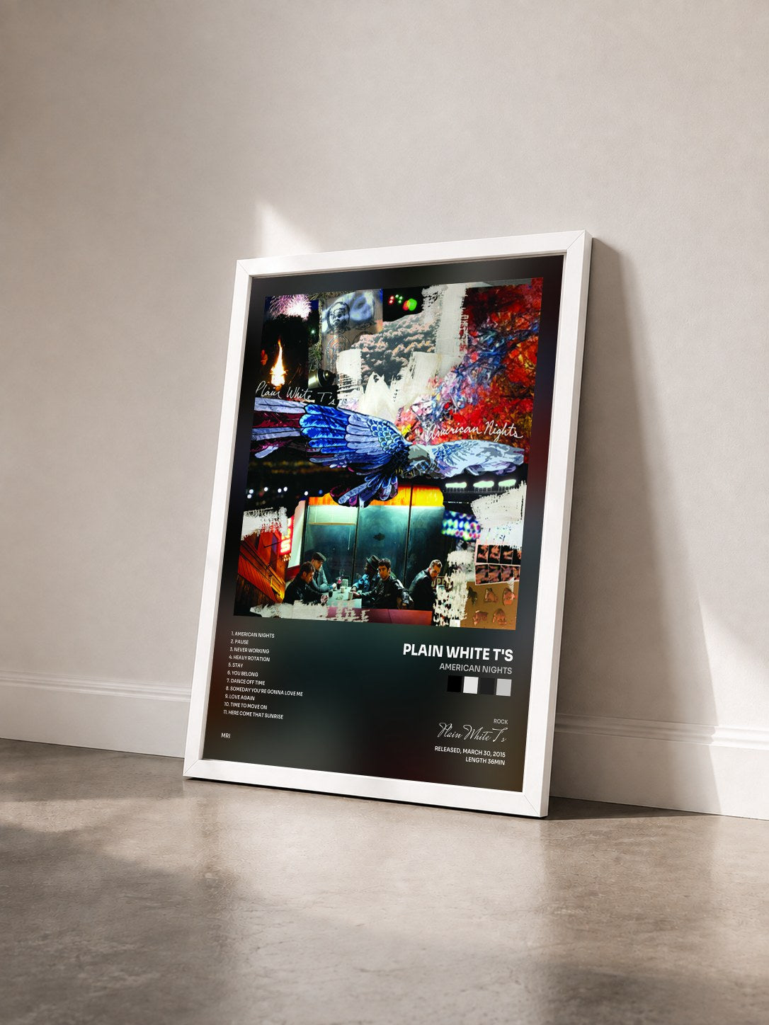 #blanc Tableau de l'album American Nights de Plain White T's vu de trois quarts, cadre blanc