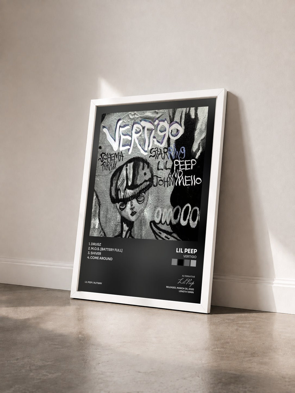 #blanc Tableau de l'album Vertigo de Lil Peep vu de trois quarts, cadre blanc