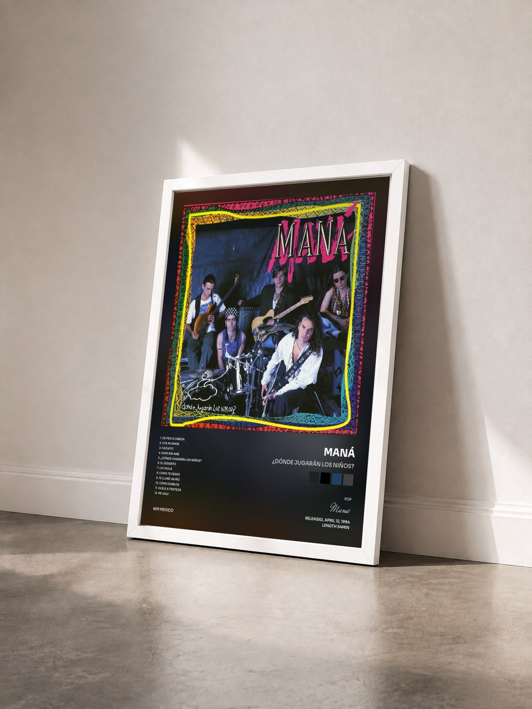 #blanc Tableau de l'album ¿Dónde Jugarán Los Niños? de Maná vu de trois quarts, cadre blanc