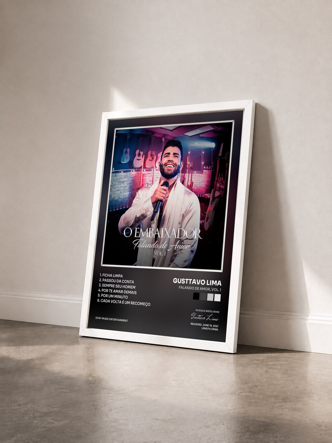 #blanc Tableau de l'album Falando de Amor, Vol. 1 de Gusttavo Lima vu de trois quarts, cadre blanc