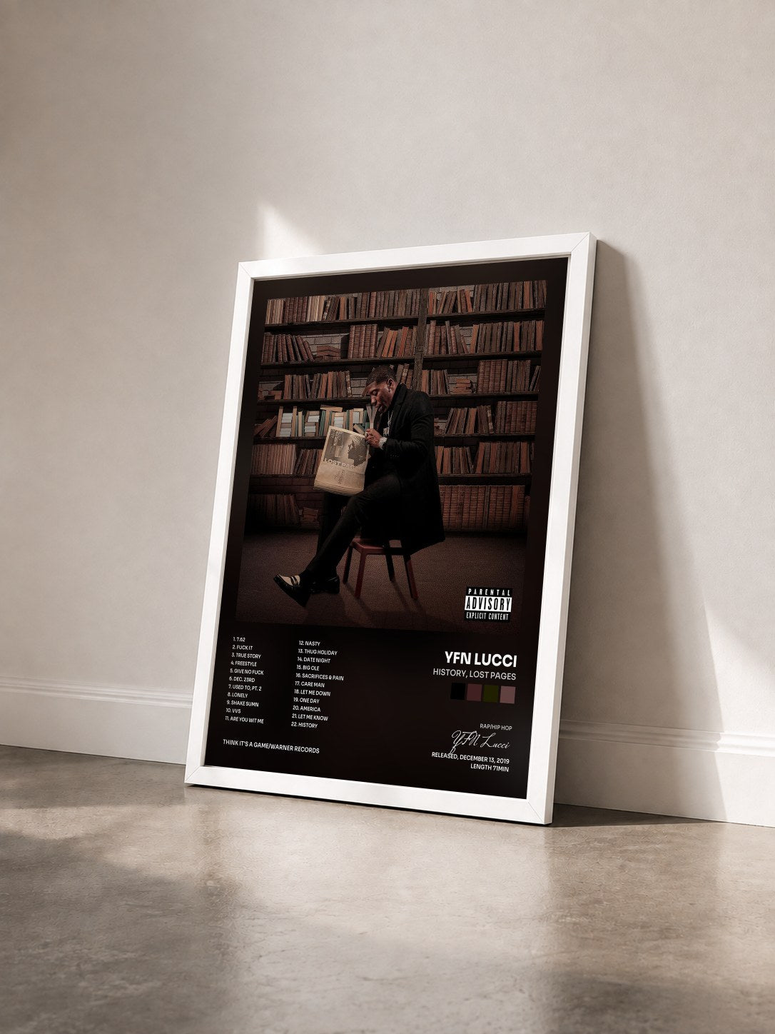 #blanc Tableau de l'album HIStory, Lost Pages de YFN Lucci vu de trois quarts, cadre blanc