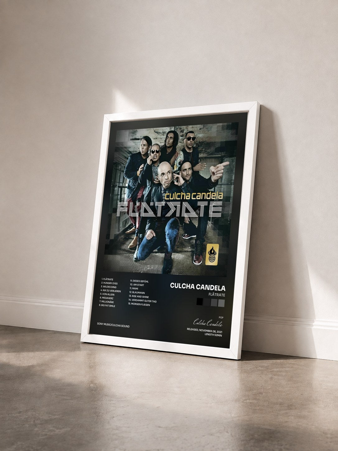 #blanc Tableau de l'album Flätrate de Culcha Candela vu de trois quarts, cadre blanc