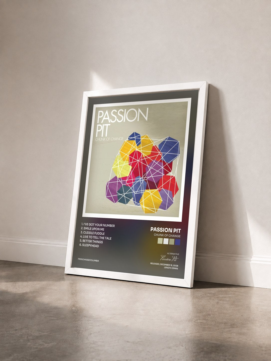 #blanc Tableau de l'album Chunk of Change de Passion Pit vu de trois quarts, cadre blanc