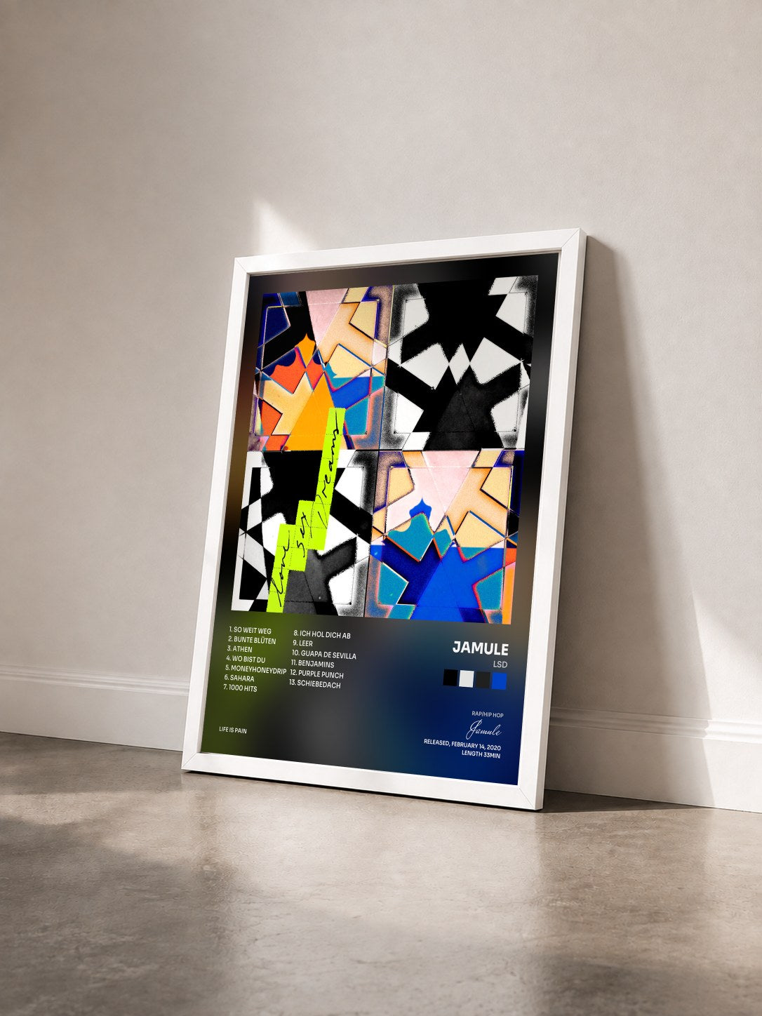 #blanc Tableau de l'album LSD de Jamule vu de trois quarts, cadre blanc