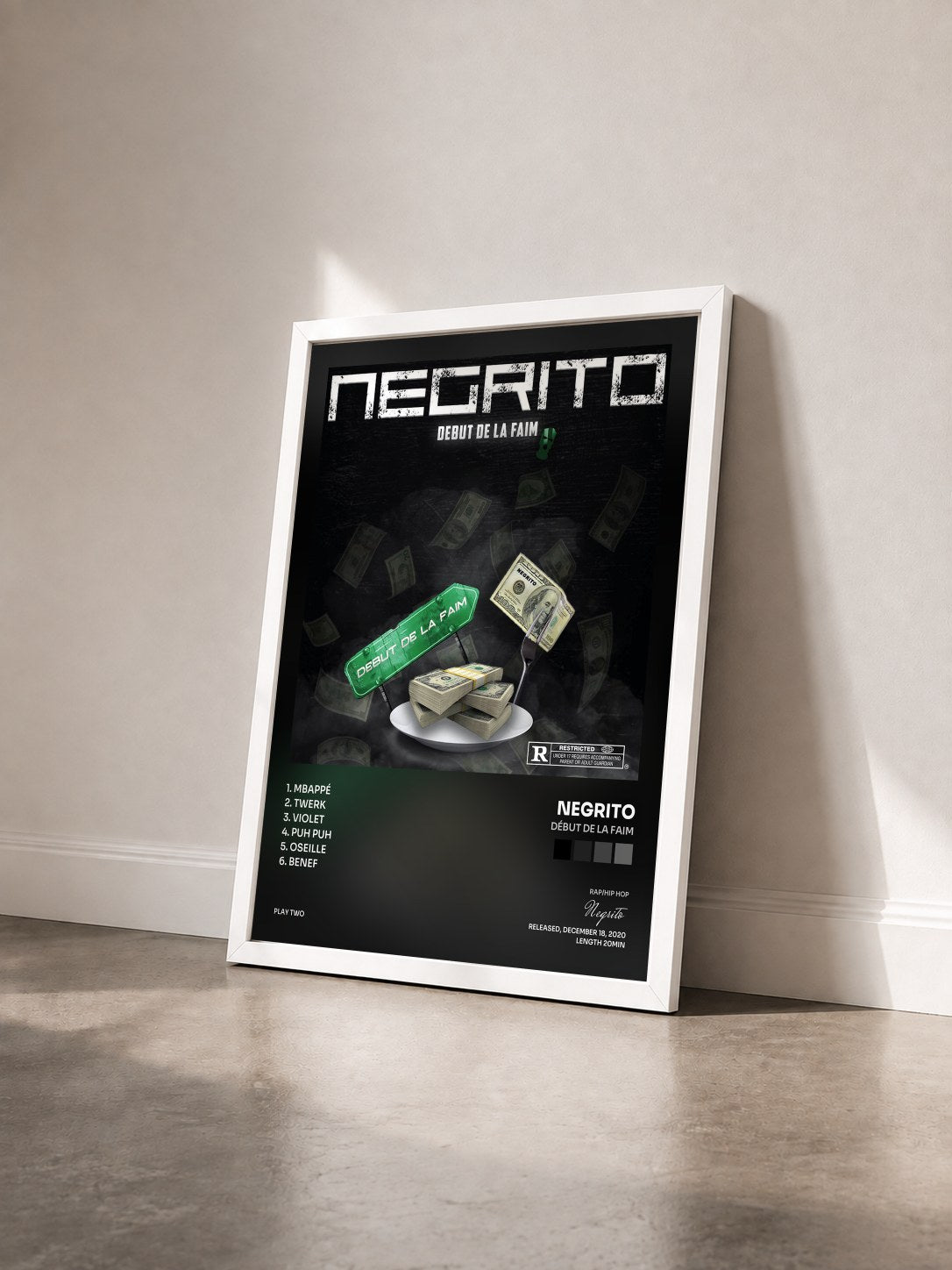 #blanc Tableau de l'album Début de la faim de Negrito vu de trois quarts, cadre blanc