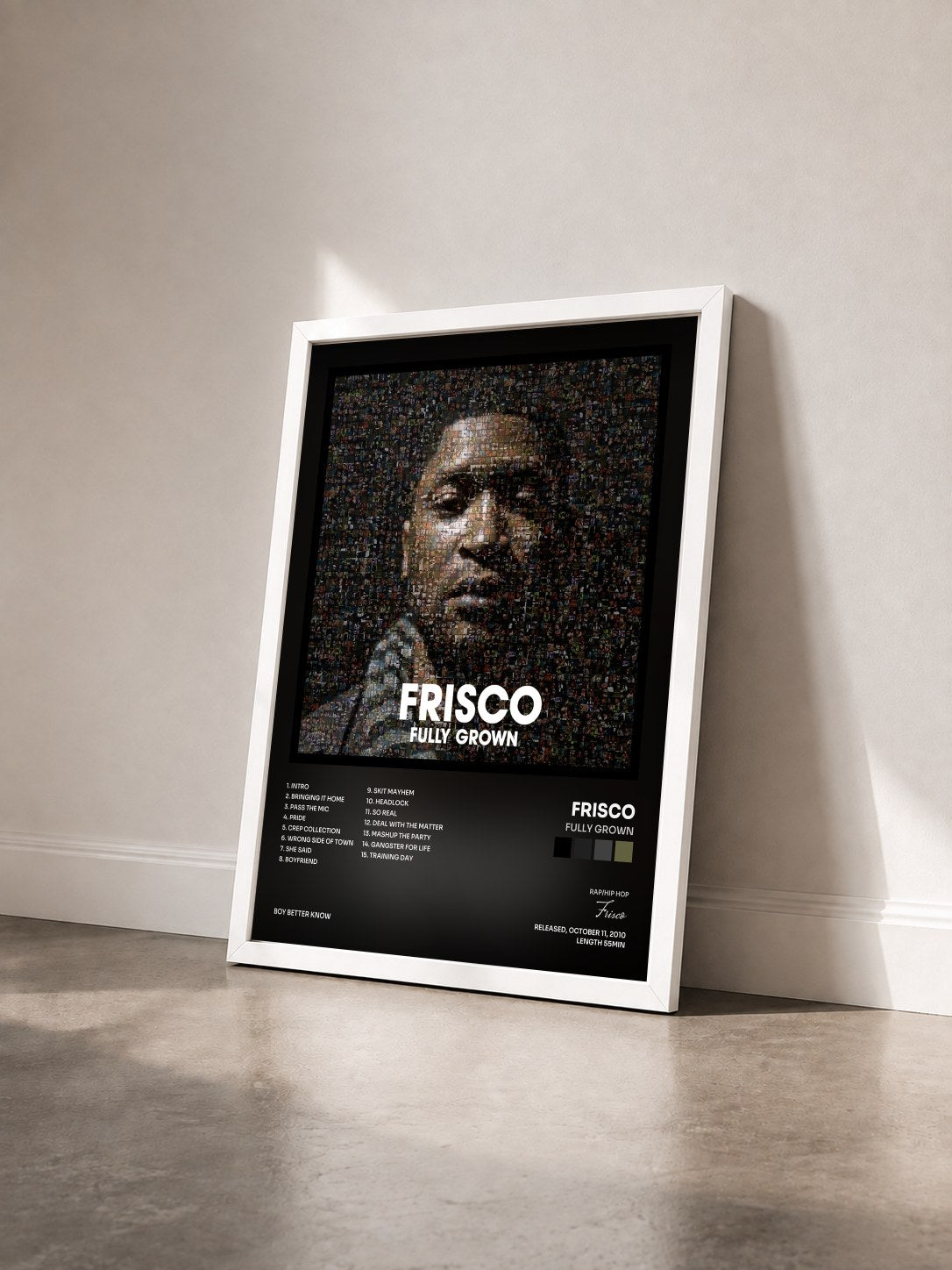 #blanc Tableau de l'album Fully Grown de Frisco vu de trois quarts, cadre blanc
