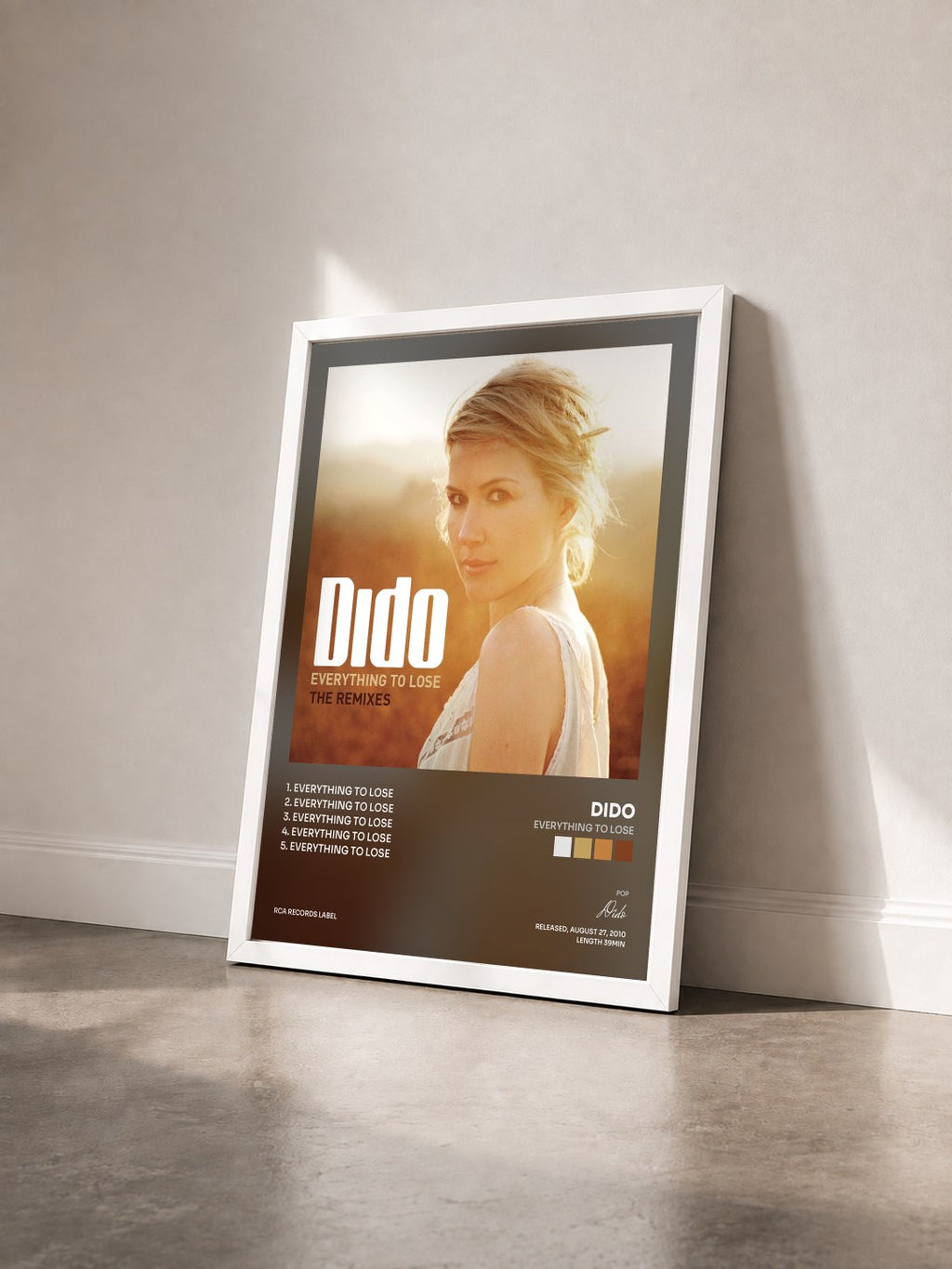#blanc Tableau de l'album Everything To Lose de Dido vu de trois quarts, cadre blanc
