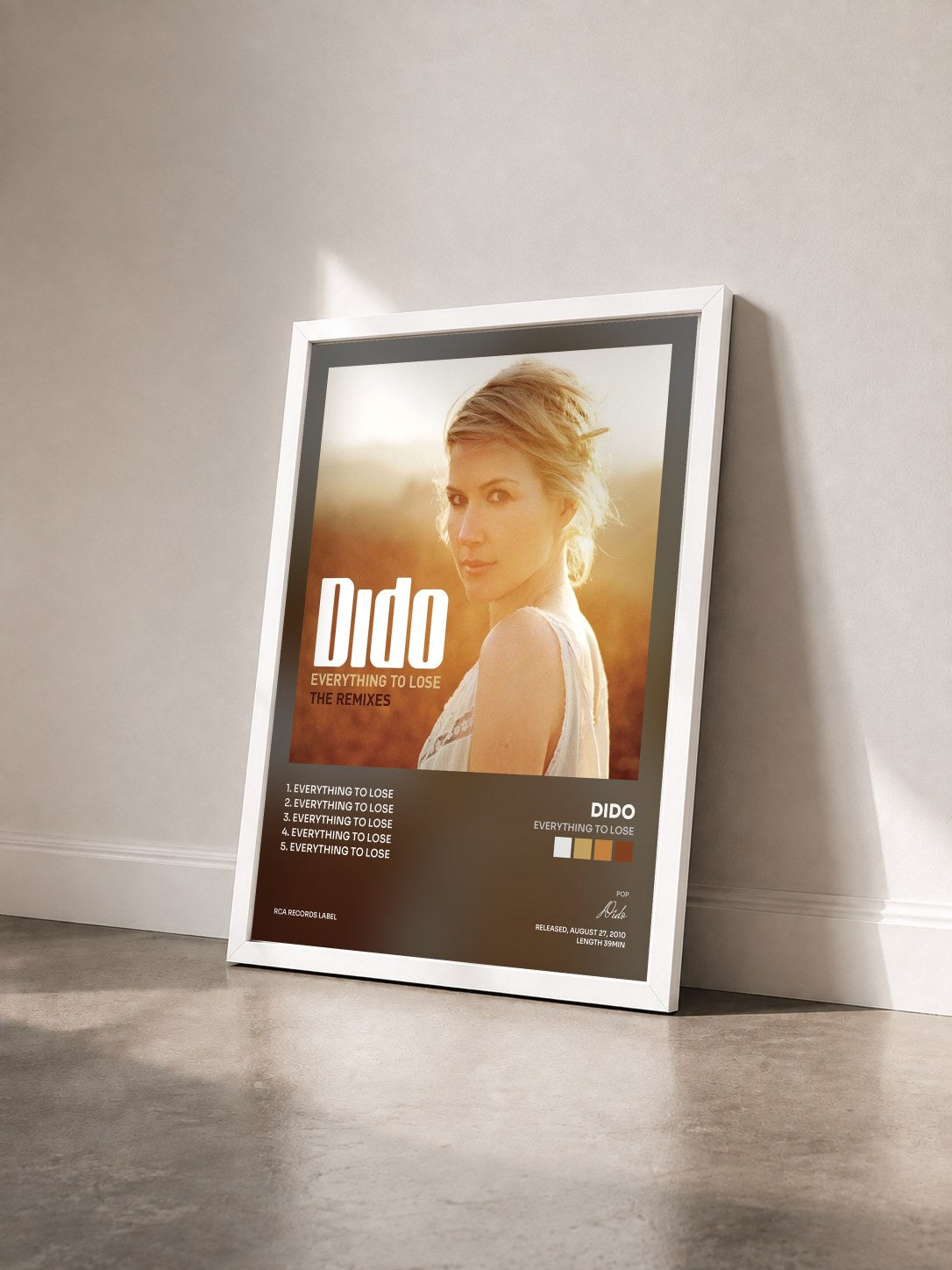#blanc Tableau de l'album Everything To Lose de Dido vu de trois quarts, cadre blanc