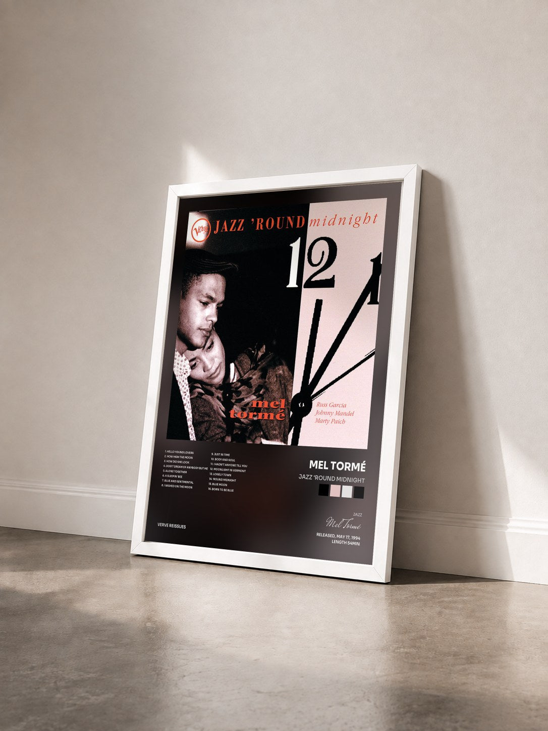 #blanc Tableau de l'album Jazz 'Round Midnight de Mel Tormé vu de trois quarts, cadre blanc