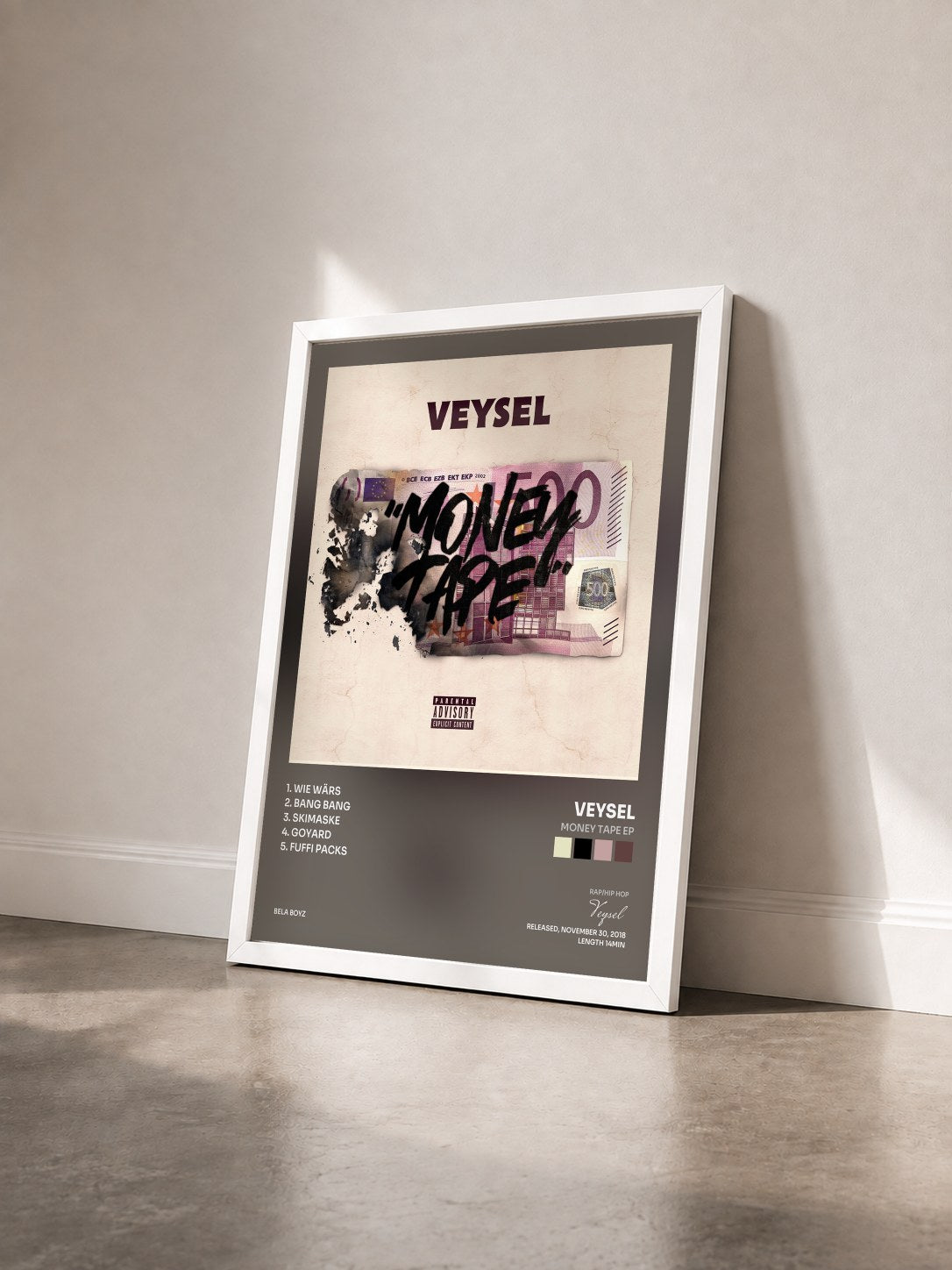 #blanc Tableau de l'album Money Tape EP de Veysel vu de trois quarts, cadre blanc