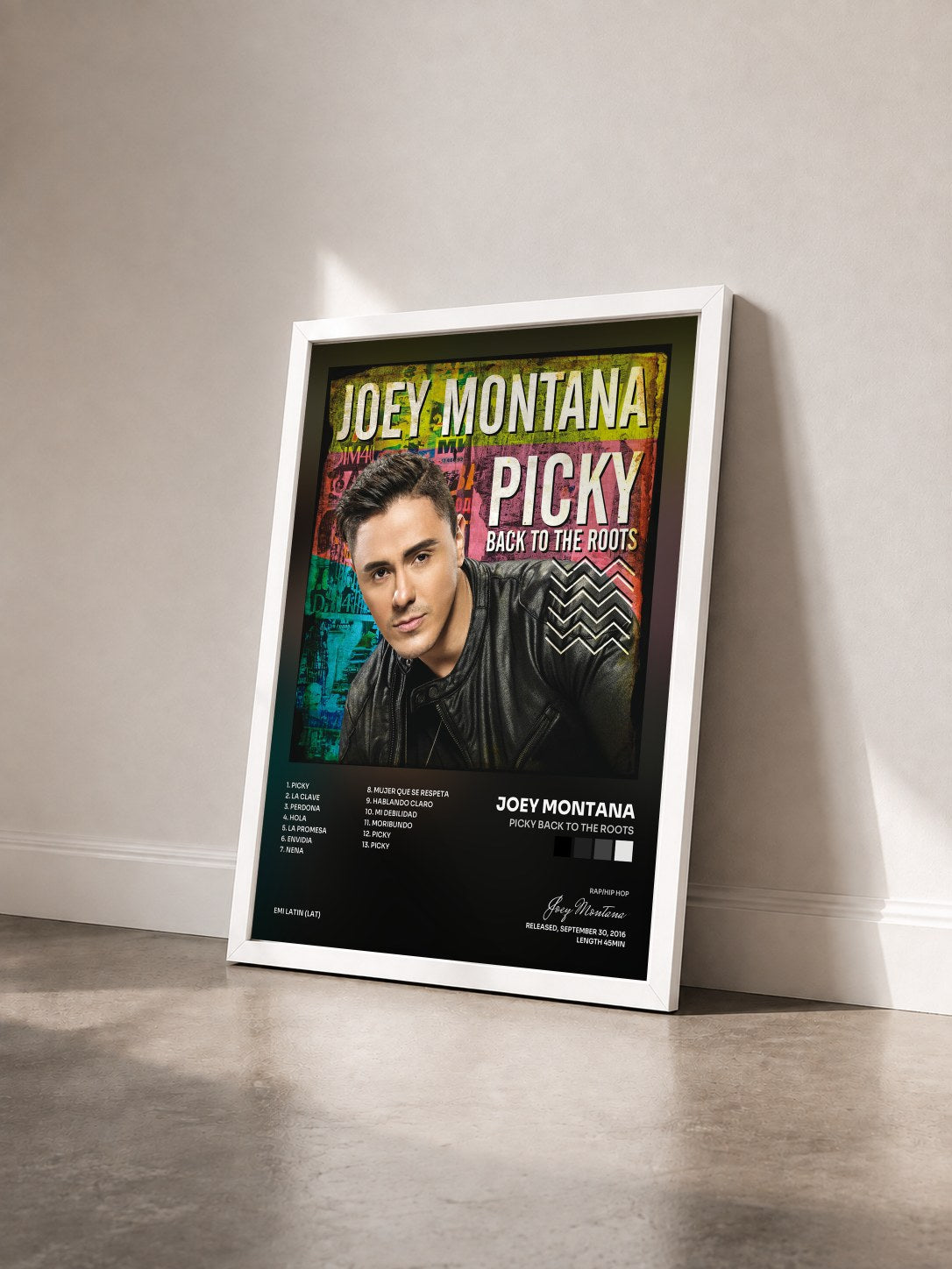#blanc Tableau de l'album Picky Back To The Roots de Joey Montana vu de trois quarts, cadre blanc