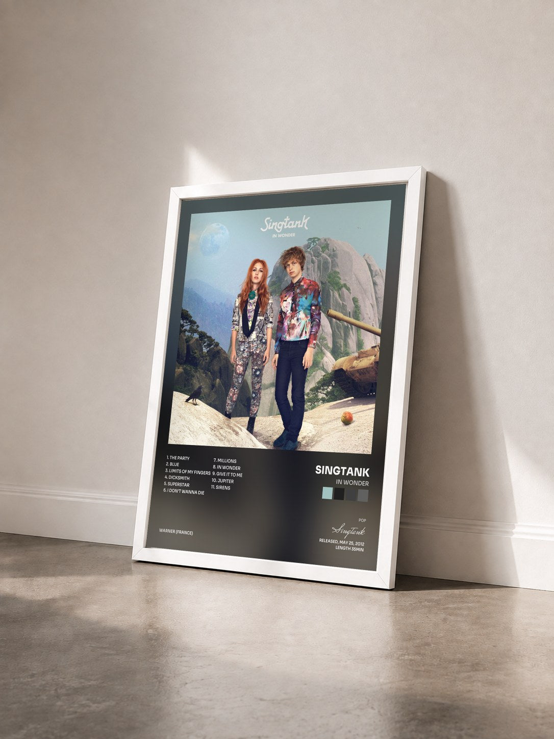 #blanc Tableau de l'album In Wonder de Singtank vu de trois quarts, cadre blanc