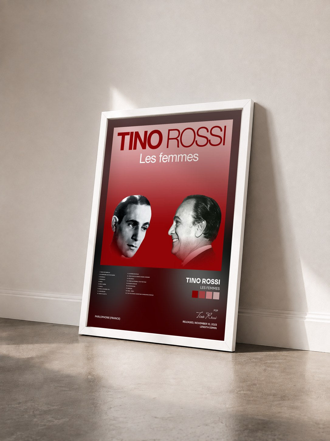 #blanc Tableau de l'album Les femmes de Tino Rossi vu de trois quarts, cadre blanc