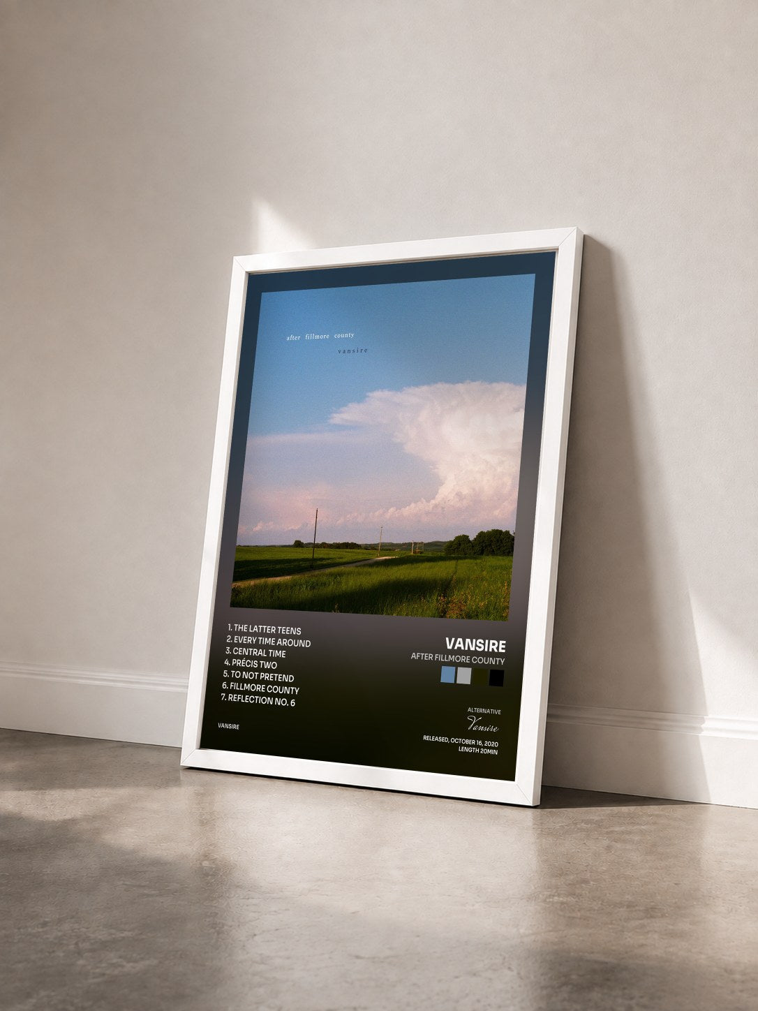 #blanc Tableau de l'album After Fillmore County de Vansire vu de trois quarts, cadre blanc