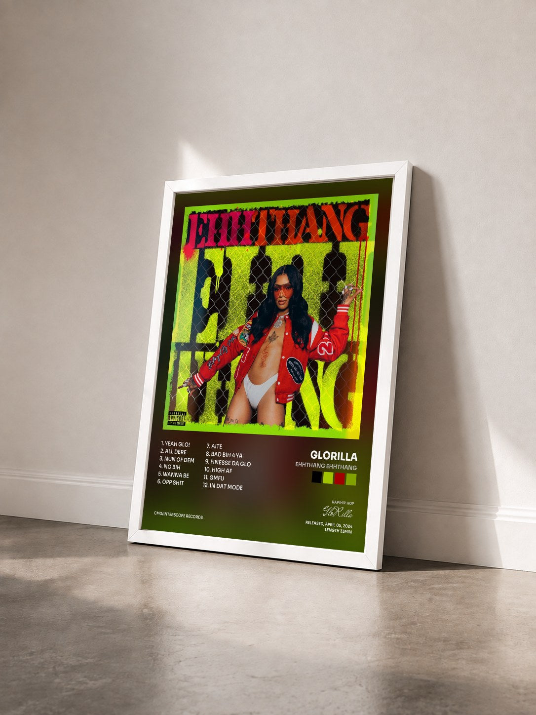 #blanc Tableau de l'album Ehhthang Ehhthang de GloRilla vu de trois quarts, cadre blanc