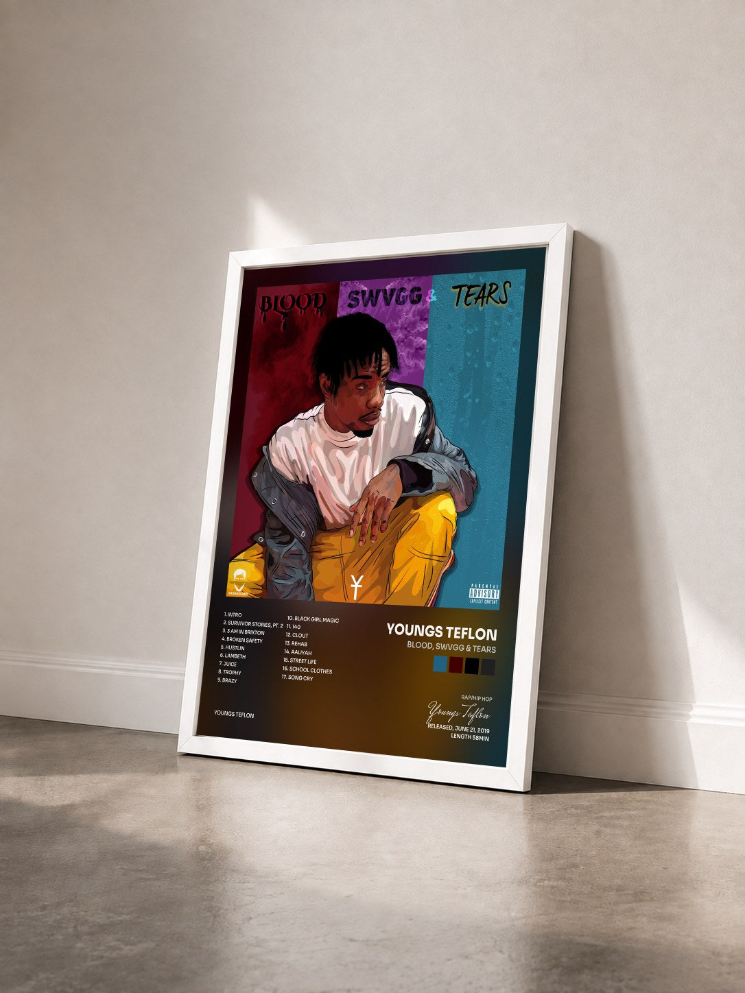 #blanc Tableau de l'album Blood, Swvgg & Tears de Youngs Teflon vu de trois quarts, cadre blanc