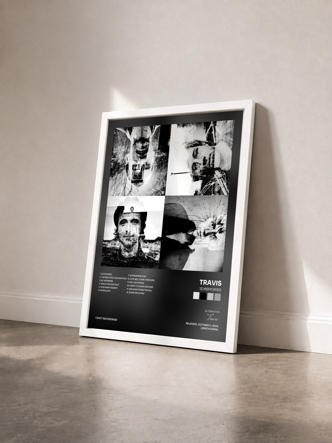 #blanc Tableau de l'album 12 Memories de Travis vu de trois quarts, cadre blanc