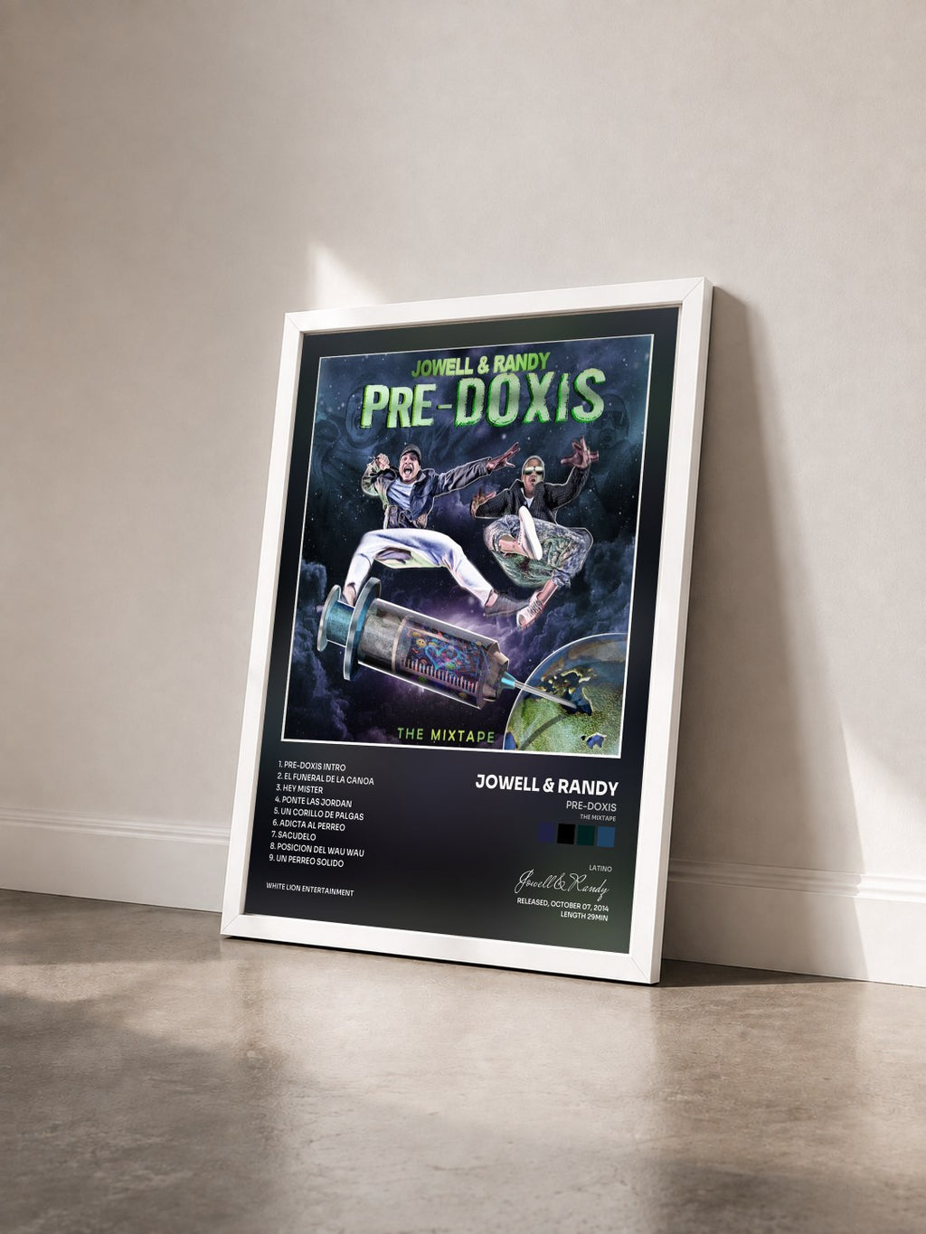 #blanc Tableau de l'album Pre-Doxis (The Mixtape) de Jowell & Randy vu de trois quarts, cadre blanc