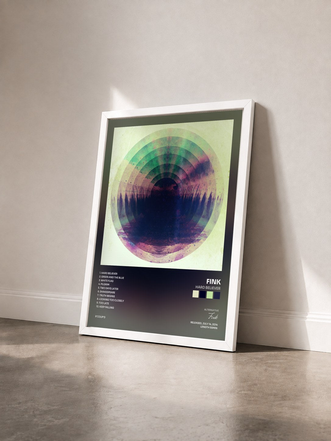 #blanc Tableau de l'album Hard Believer de Fink vu de trois quarts, cadre blanc