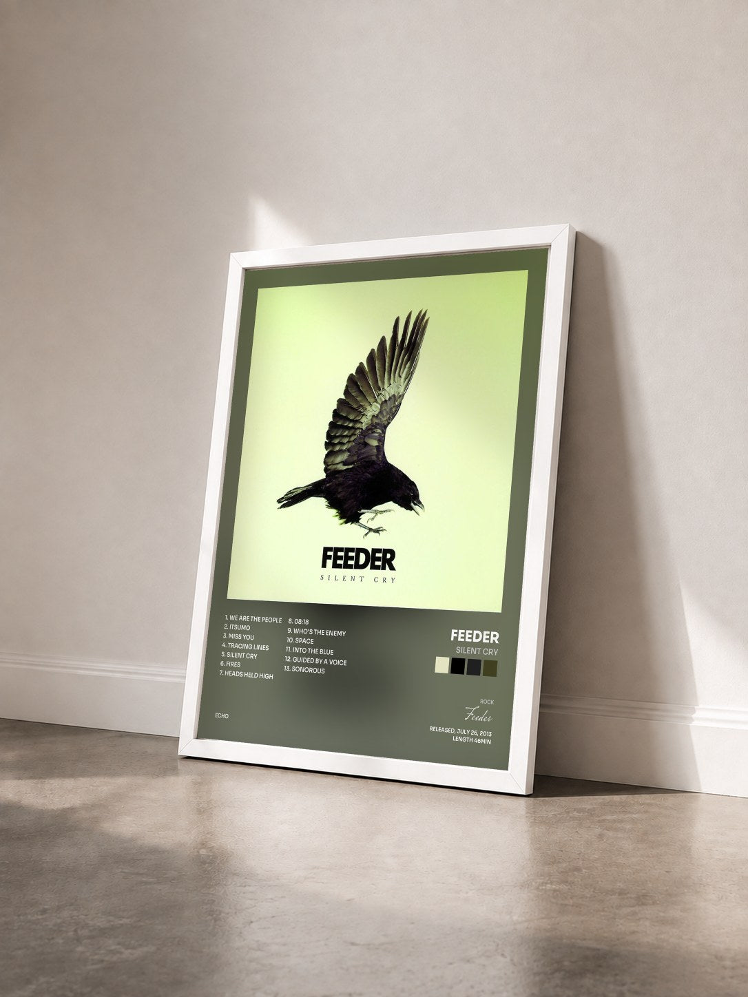 #blanc Tableau de l'album Silent Cry de Feeder vu de trois quarts, cadre blanc