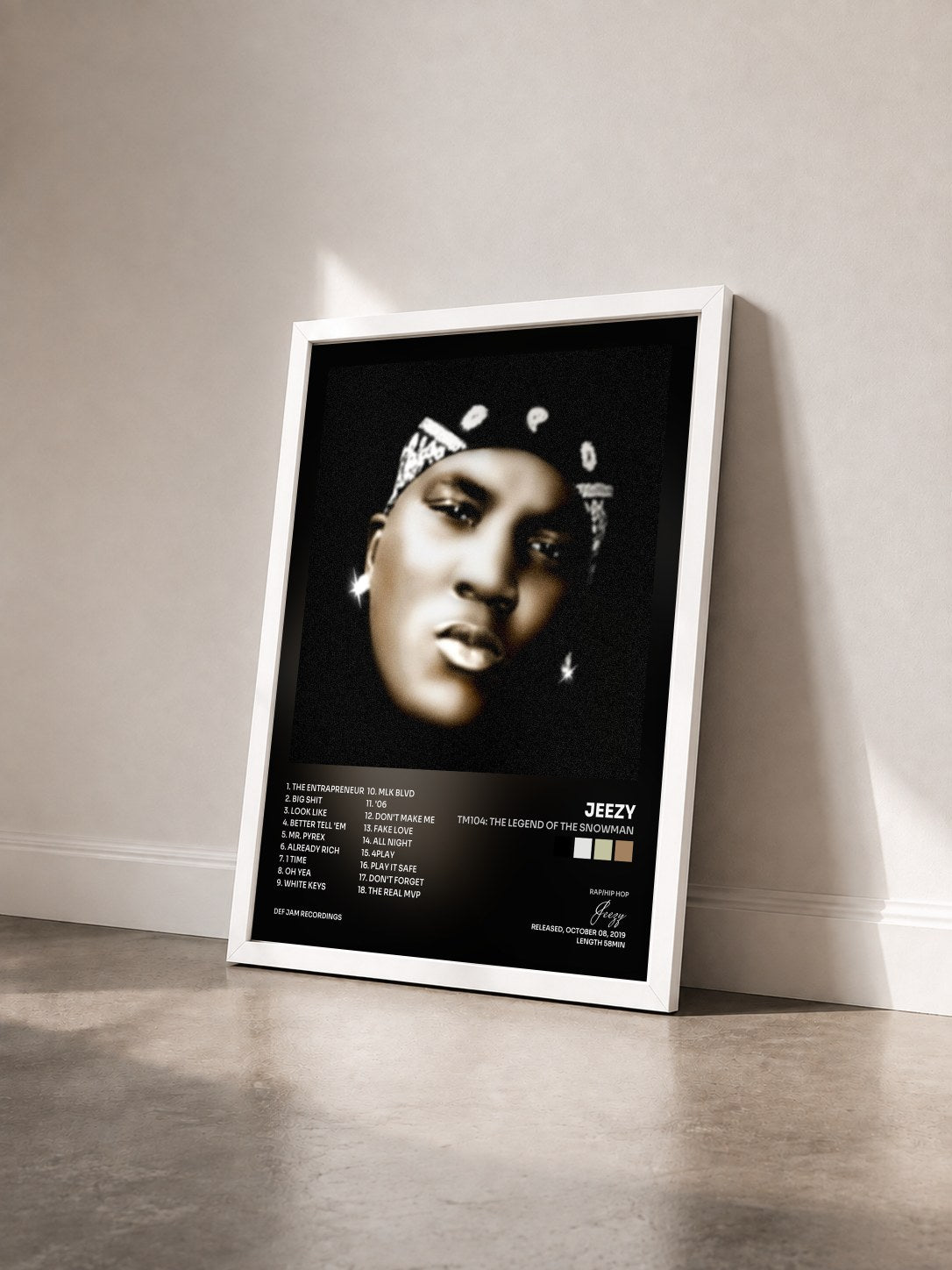 #blanc Tableau de l'album TM104: The Legend of the Snowman de Jeezy vu de trois quarts, cadre blanc