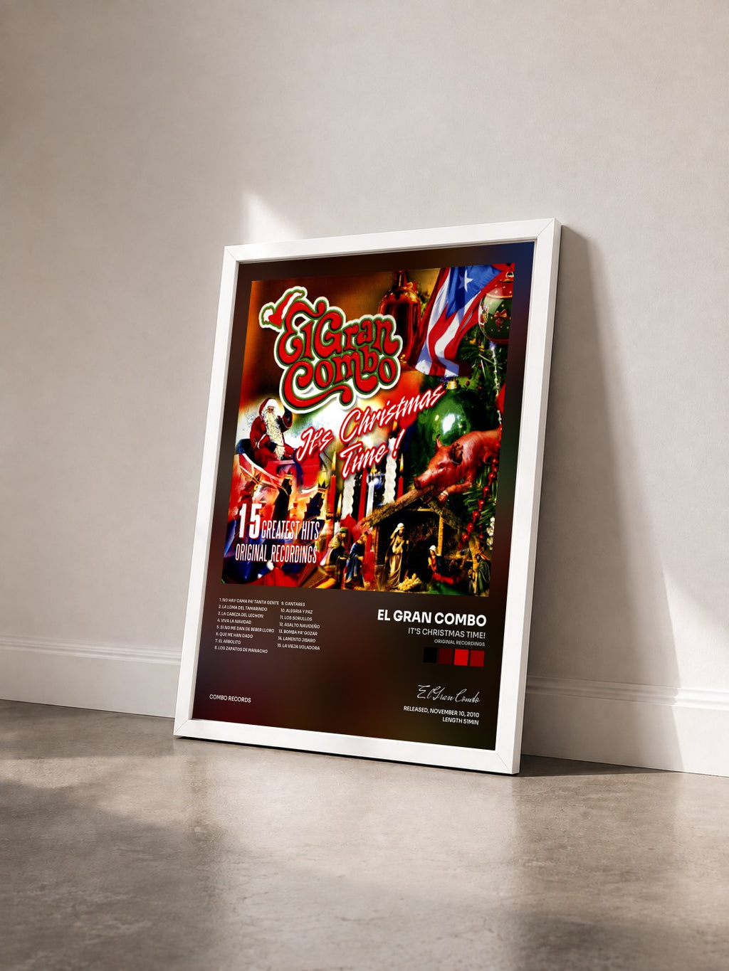 #blanc Tableau de l'album It's Christmas Time! (Original Recordings) de El Gran Combo vu de trois quarts, cadre blanc
