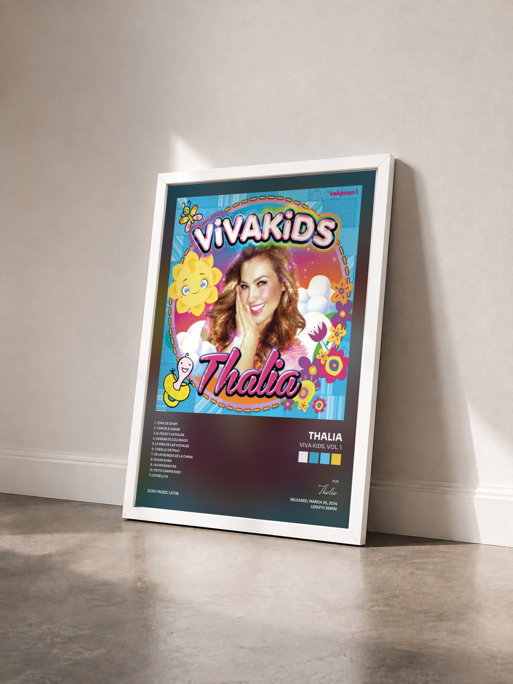 #blanc Tableau de l'album Viva Kids, Vol. 1 de Thalia vu de trois quarts, cadre blanc