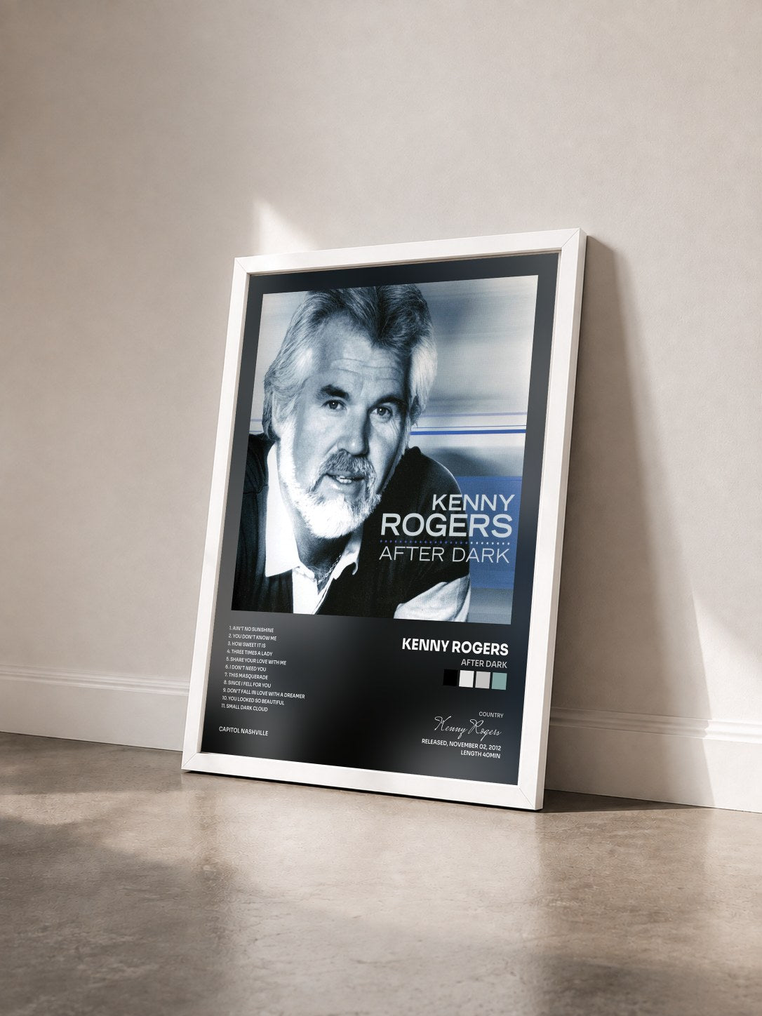 #blanc Tableau de l'album After Dark de Kenny Rogers vu de trois quarts, cadre blanc