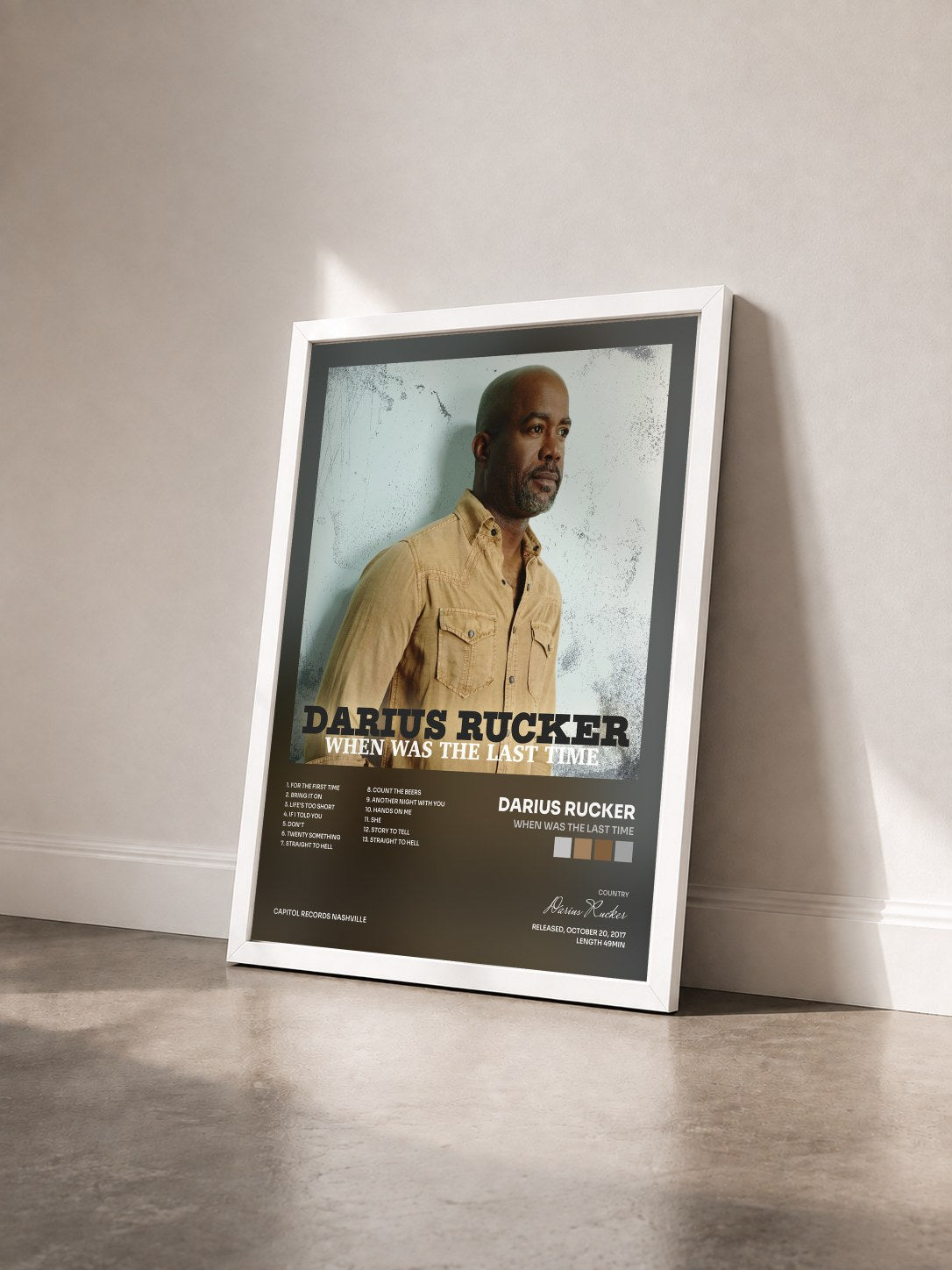#blanc Tableau de l'album When Was The Last Time de Darius Rucker vu de trois quarts, cadre blanc