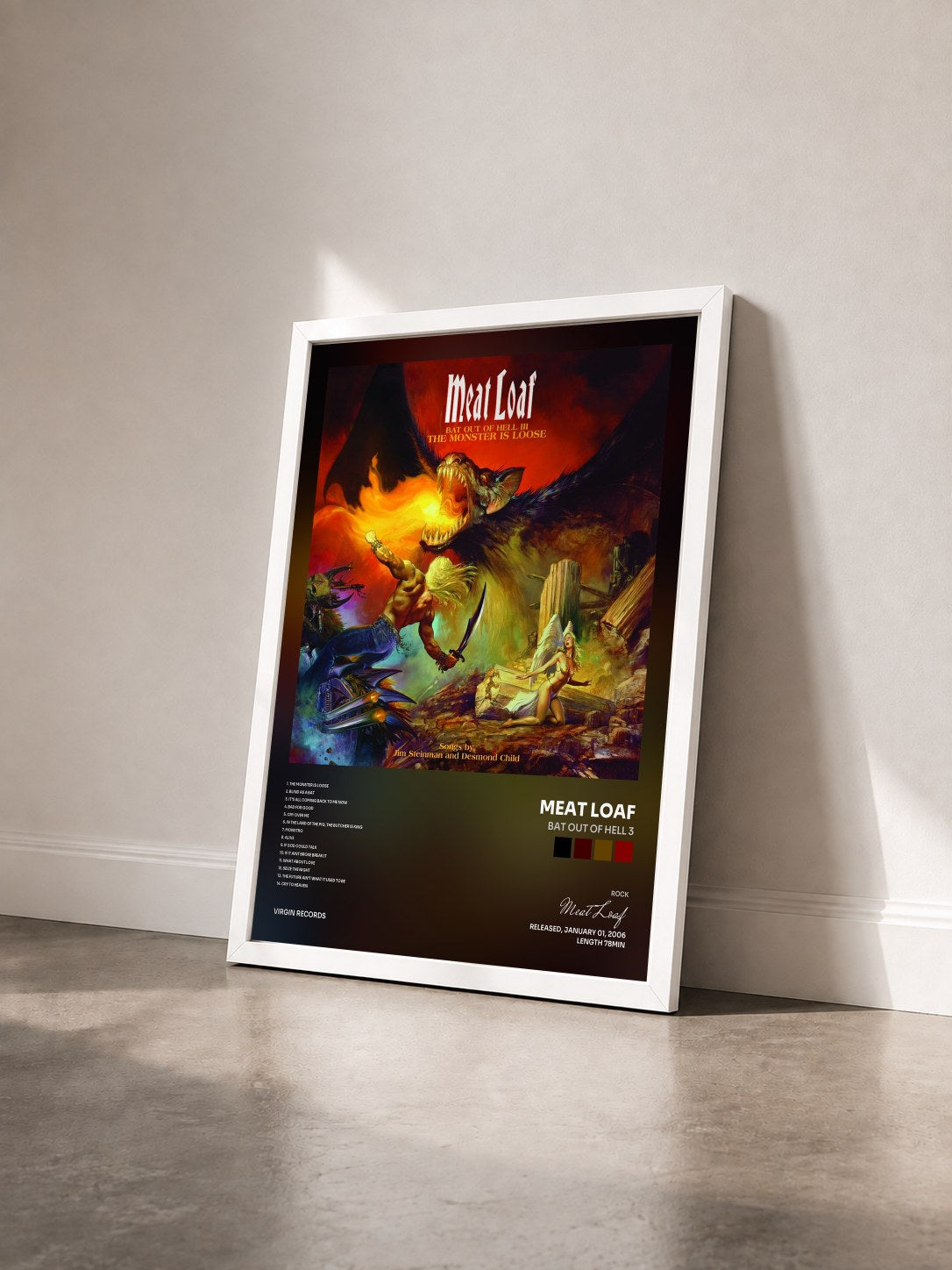 #blanc Tableau de l'album Bat Out Of Hell 3 de Meat Loaf vu de trois quarts, cadre blanc