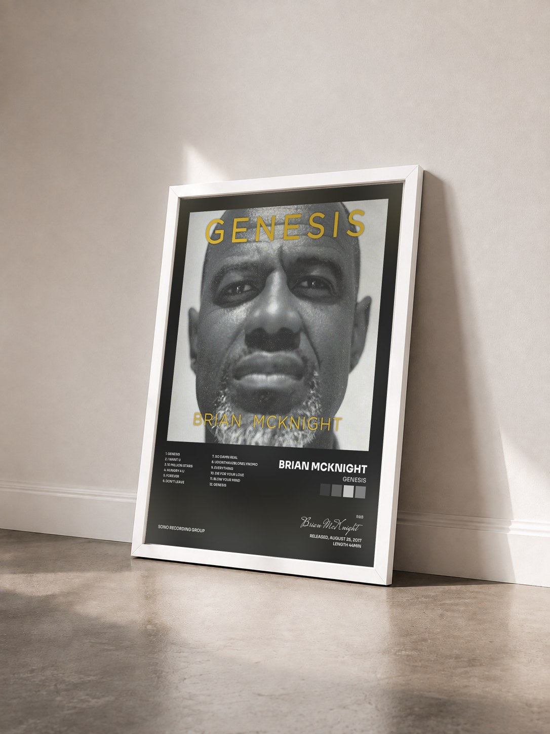 #blanc Tableau de l'album Genesis de Brian McKnight vu de trois quarts, cadre blanc