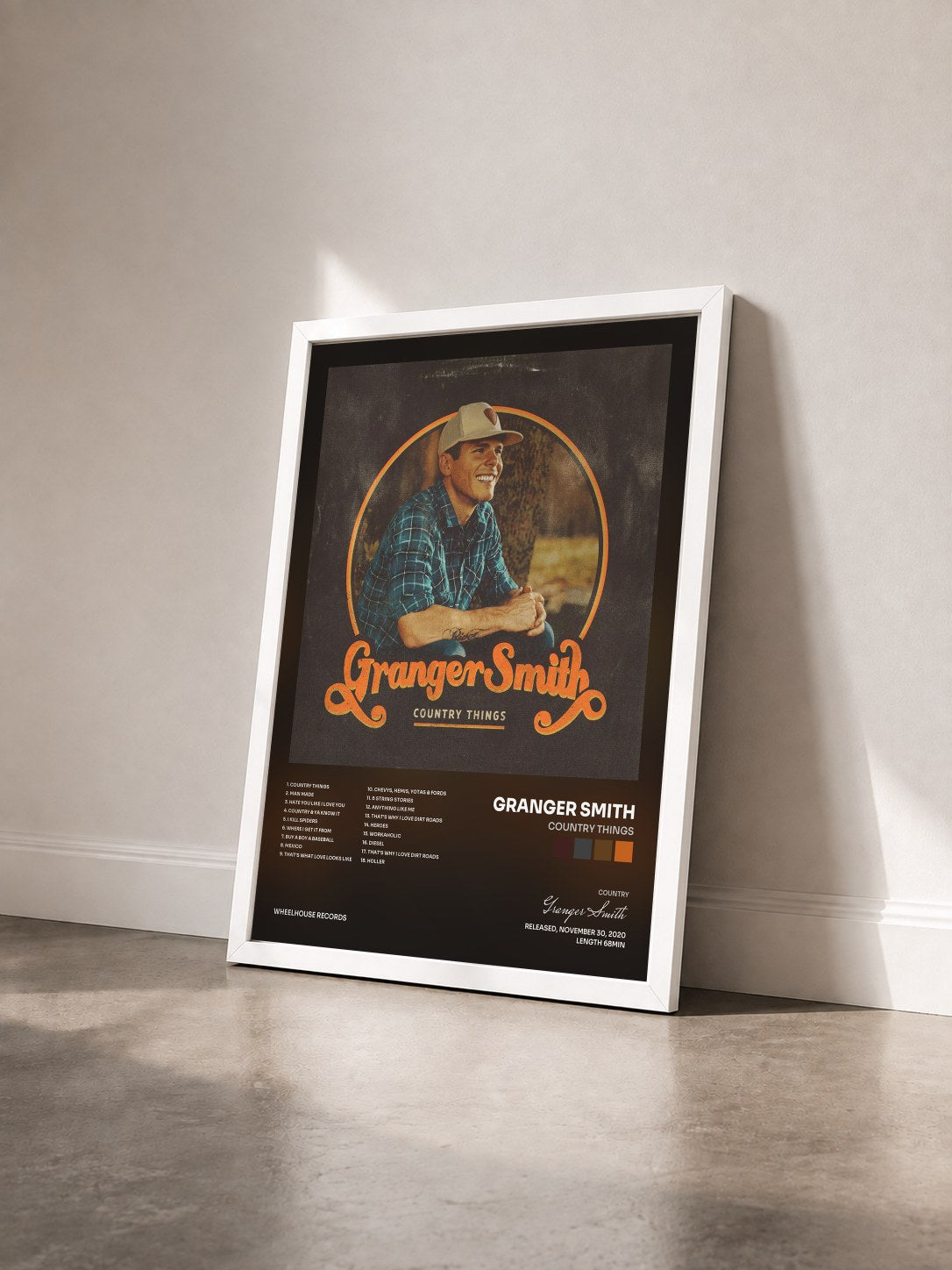 #blanc Tableau de l'album Country Things de Granger Smith vu de trois quarts, cadre blanc