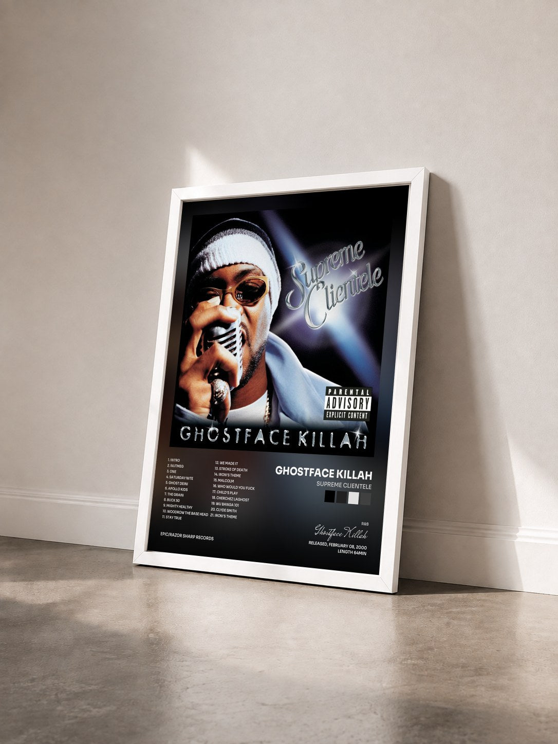 #blanc Tableau de l'album Supreme Clientele de Ghostface Killah vu de trois quarts, cadre blanc
