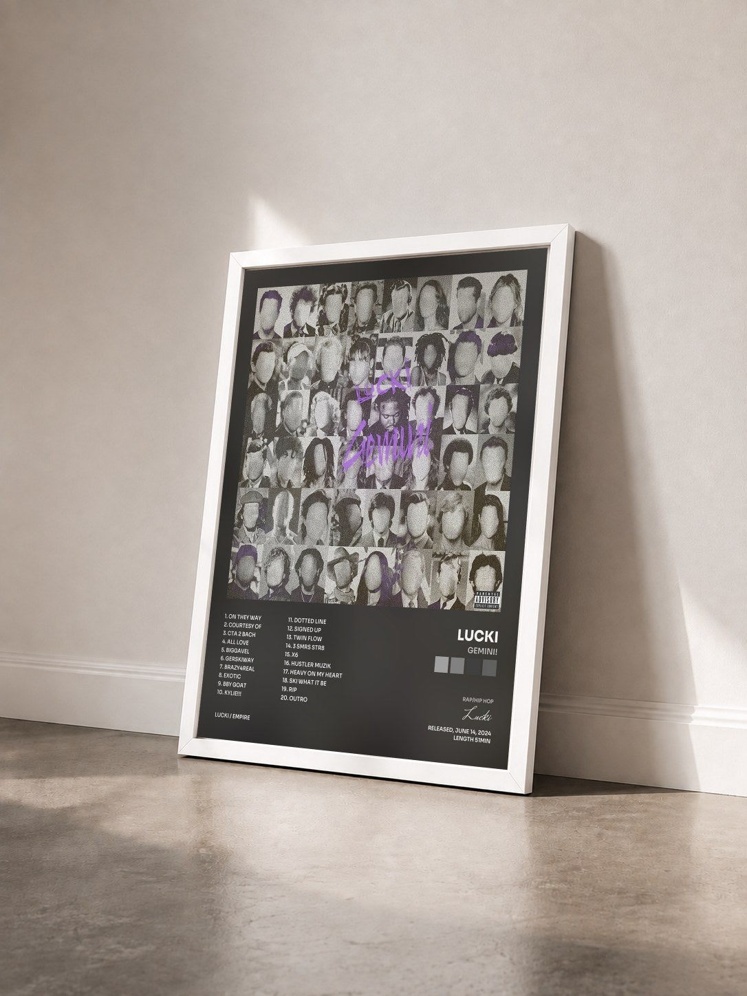 #blanc Tableau de l'album GEMINI! de Lucki vu de trois quarts, cadre blanc