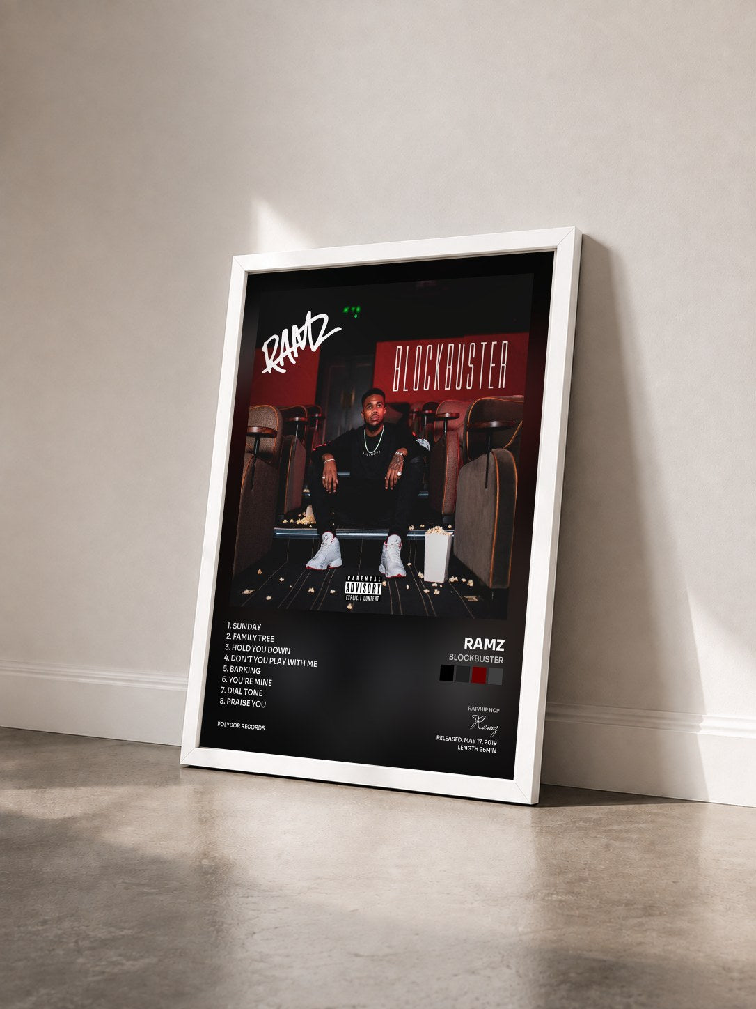 #blanc Tableau de l'album Blockbuster de Ramz vu de trois quarts, cadre blanc