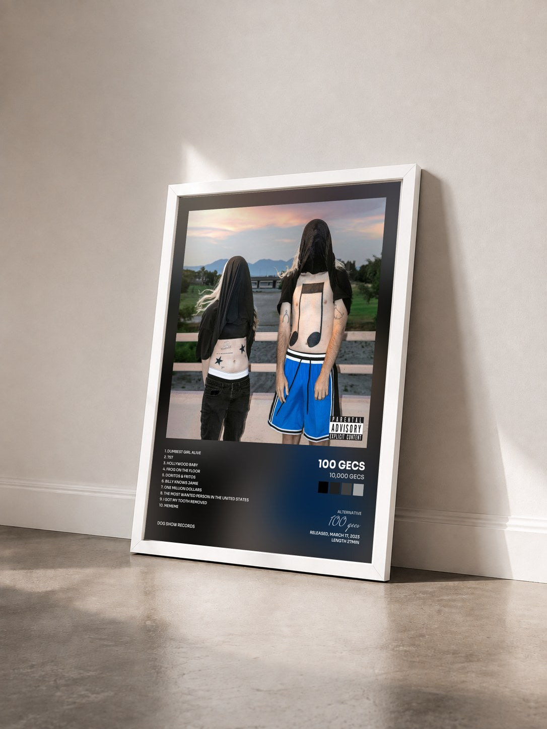 #blanc Tableau de l'album 10,000 gecs de 100 gecs vu de trois quarts, cadre blanc