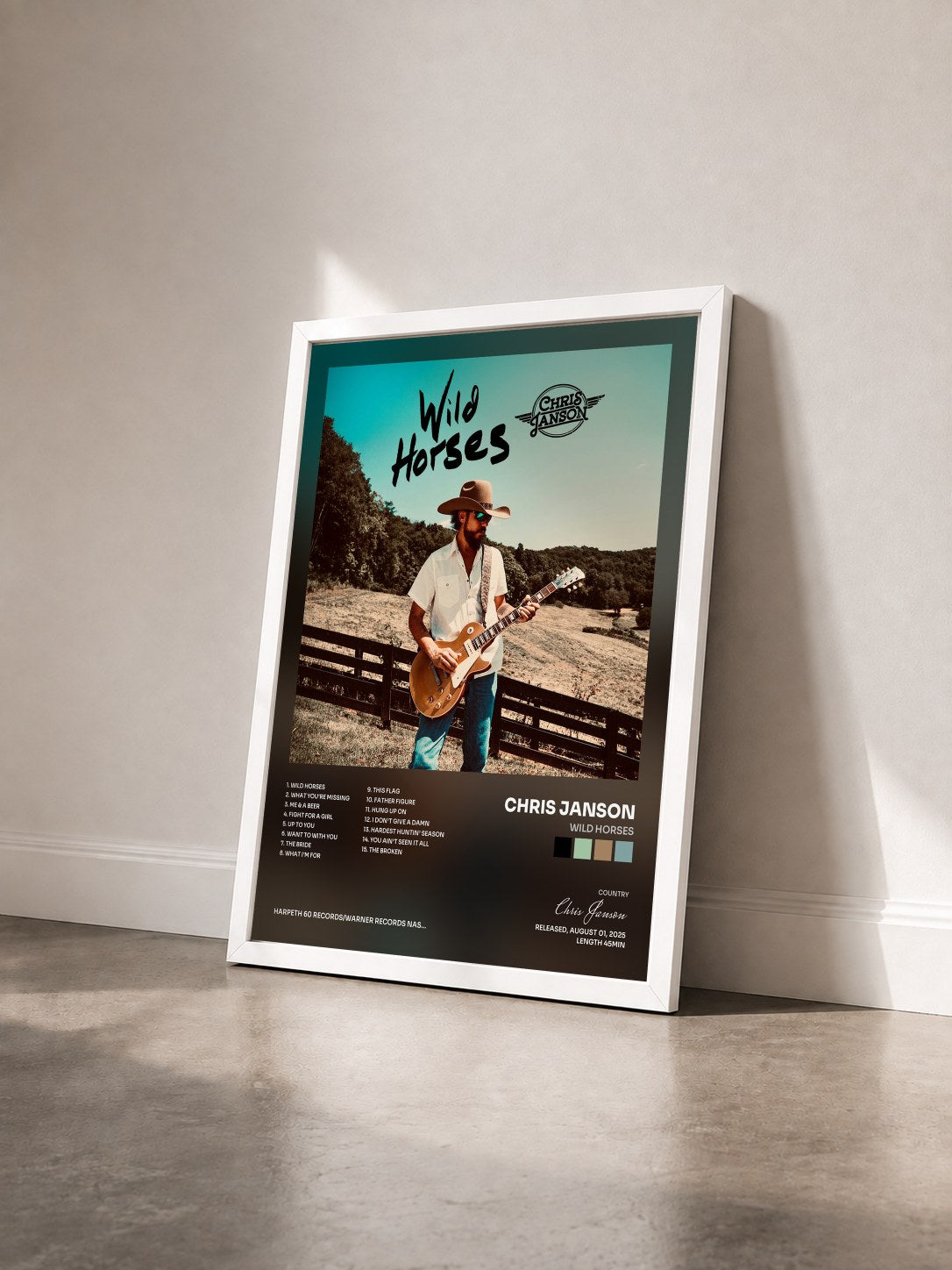 #blanc Tableau de l'album Wild Horses de Chris Janson vu de trois quarts, cadre blanc