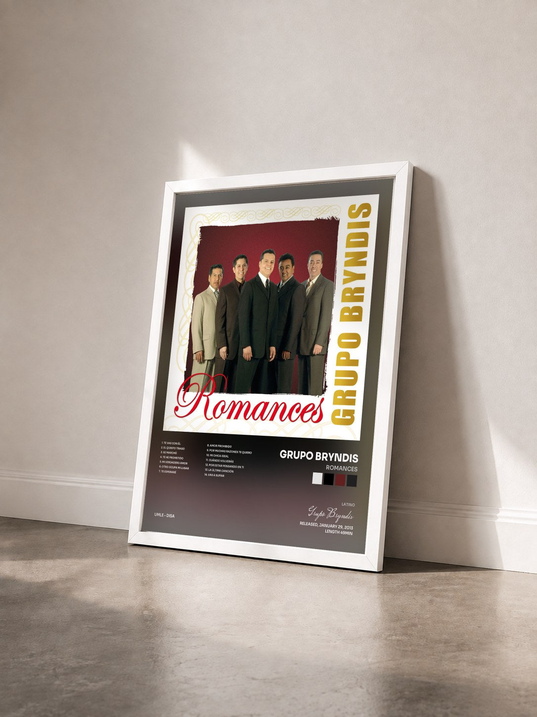 #blanc Tableau de l'album Romances de Grupo Bryndis vu de trois quarts, cadre blanc
