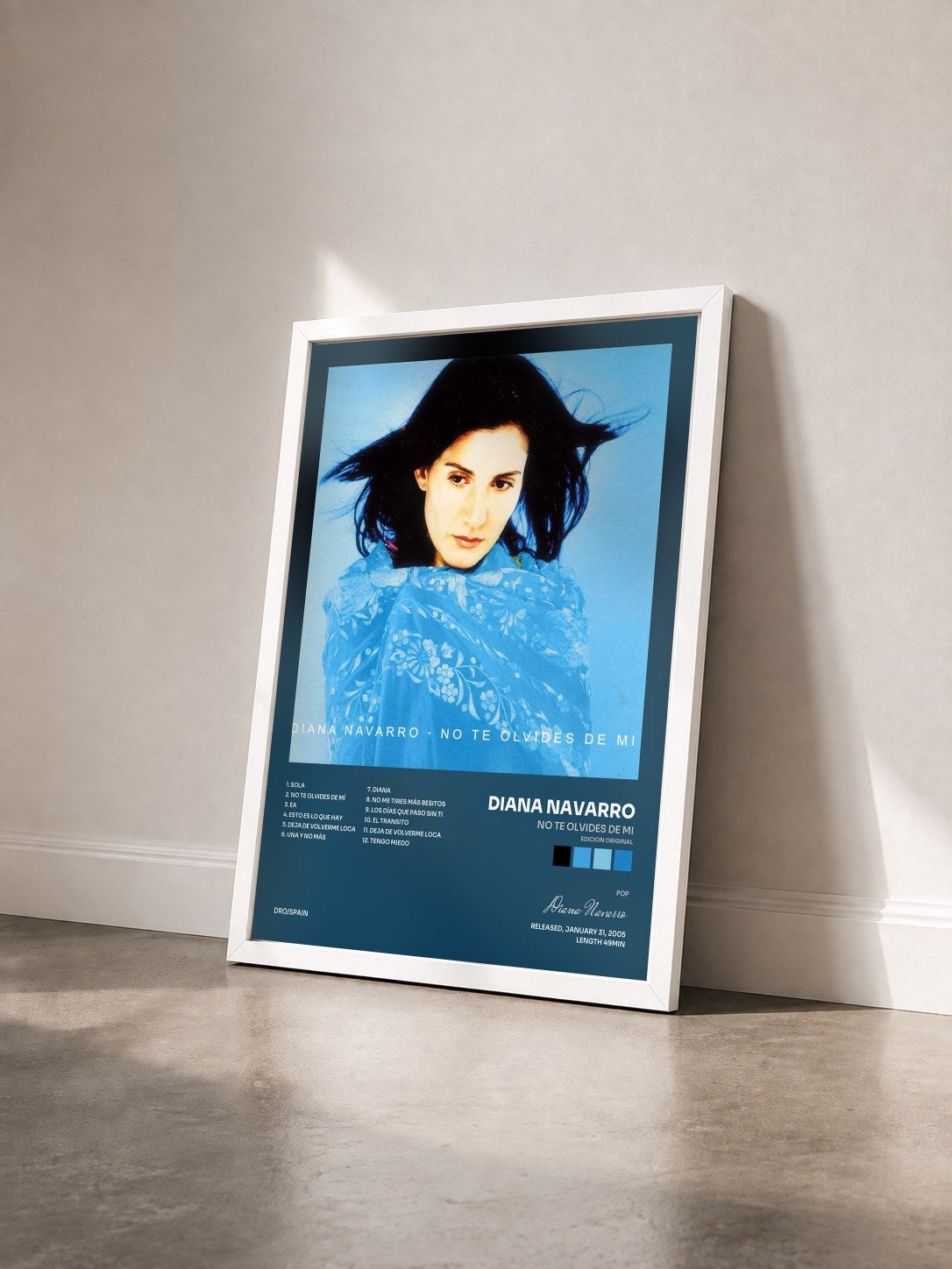 #blanc Tableau de l'album No te olvides de mi (edicion original) de Diana Navarro vu de trois quarts, cadre blanc