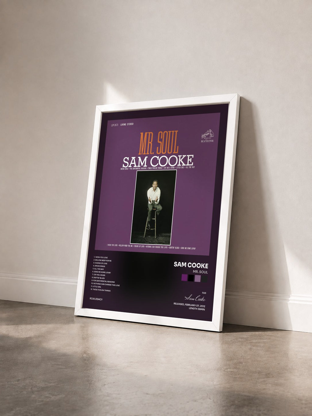#blanc Mr. Soul di Sam Cooke in stampa incorniciata vista di tre quarti, cornice bianca