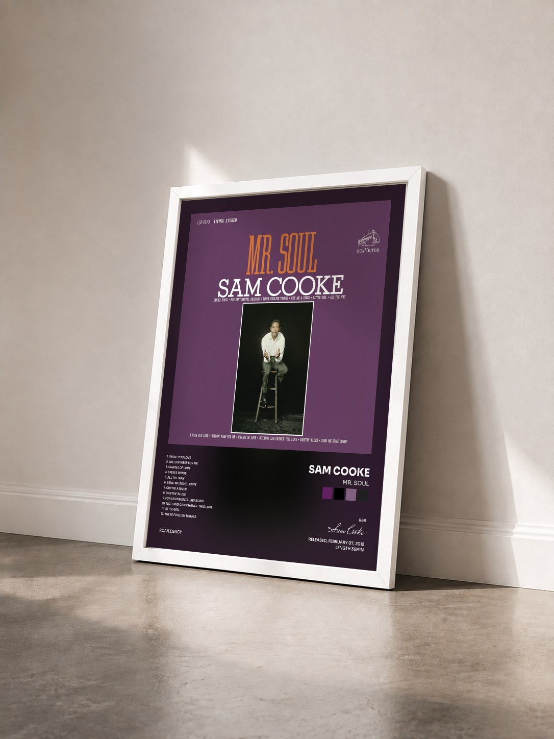 #blanc Tableau de l'album Mr. Soul de Sam Cooke vu de trois quarts, cadre blanc