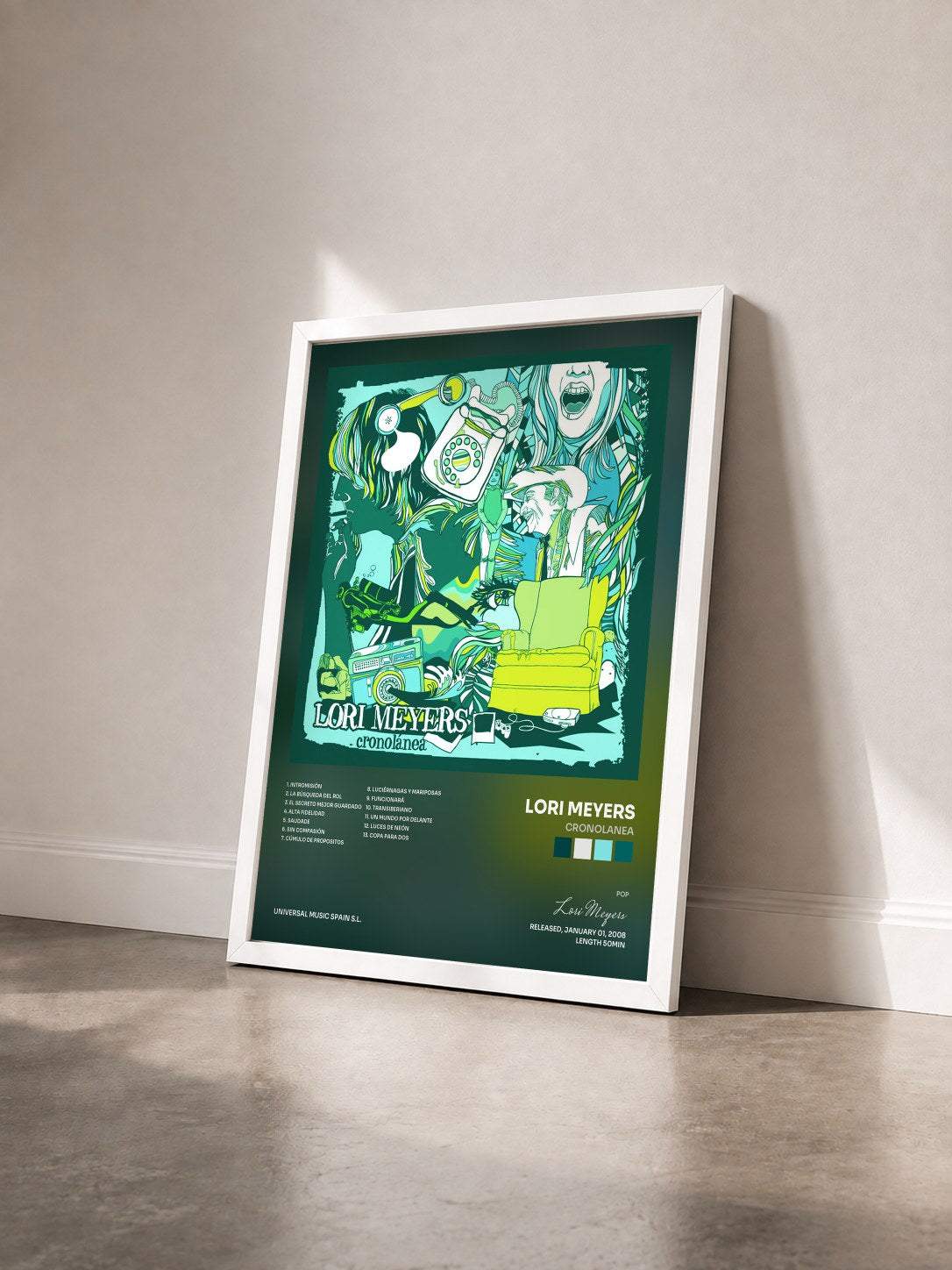 #blanc Tableau de l'album Cronolanea de Lori Meyers vu de trois quarts, cadre blanc