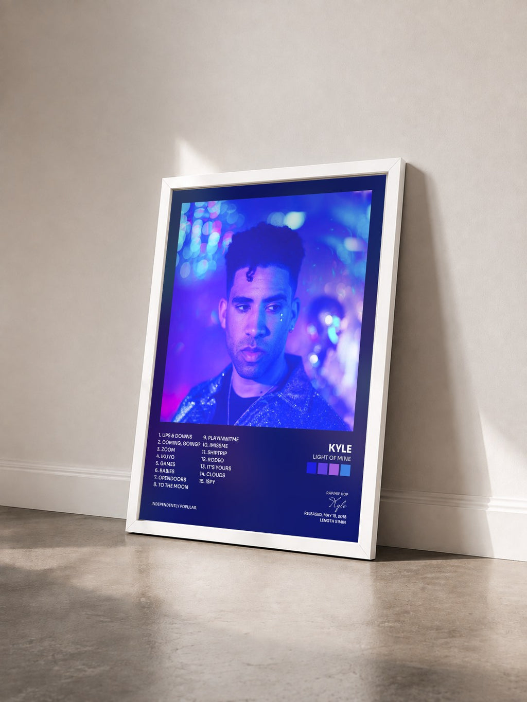 #blanc Tableau de l'album Light of Mine de Kyle vu de trois quarts, cadre blanc